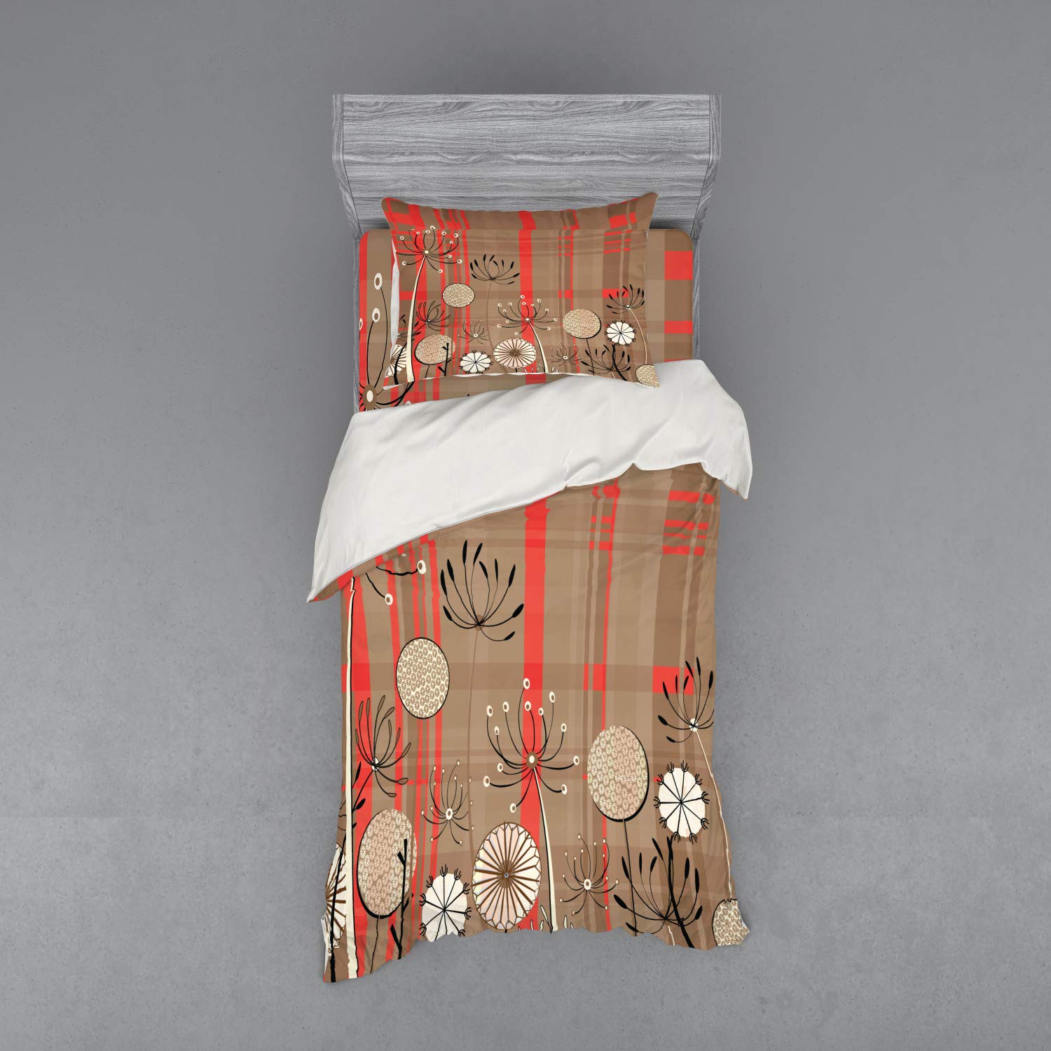 Ambesonne Vintage Floral Duvet Cover Set - 3 Piece Twin XL Bedding with Botanical Print, Sham & Fitted Sheet in Salmon Umber - Perfect for Boho Chic Bedrooms & Guest Room Decor