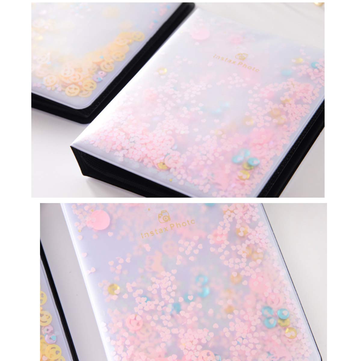 Uniuni Quicksand Rhinestone Photo Album - 32 Pockets Scrapbook for Fujifilm Instax Wide 300/210 Film, 5 Inch Pictures, Love Smile Face & Seashell Design, Name Card Holder (Pink) - Perfect for Wedding, Baby Shower & Party Memories