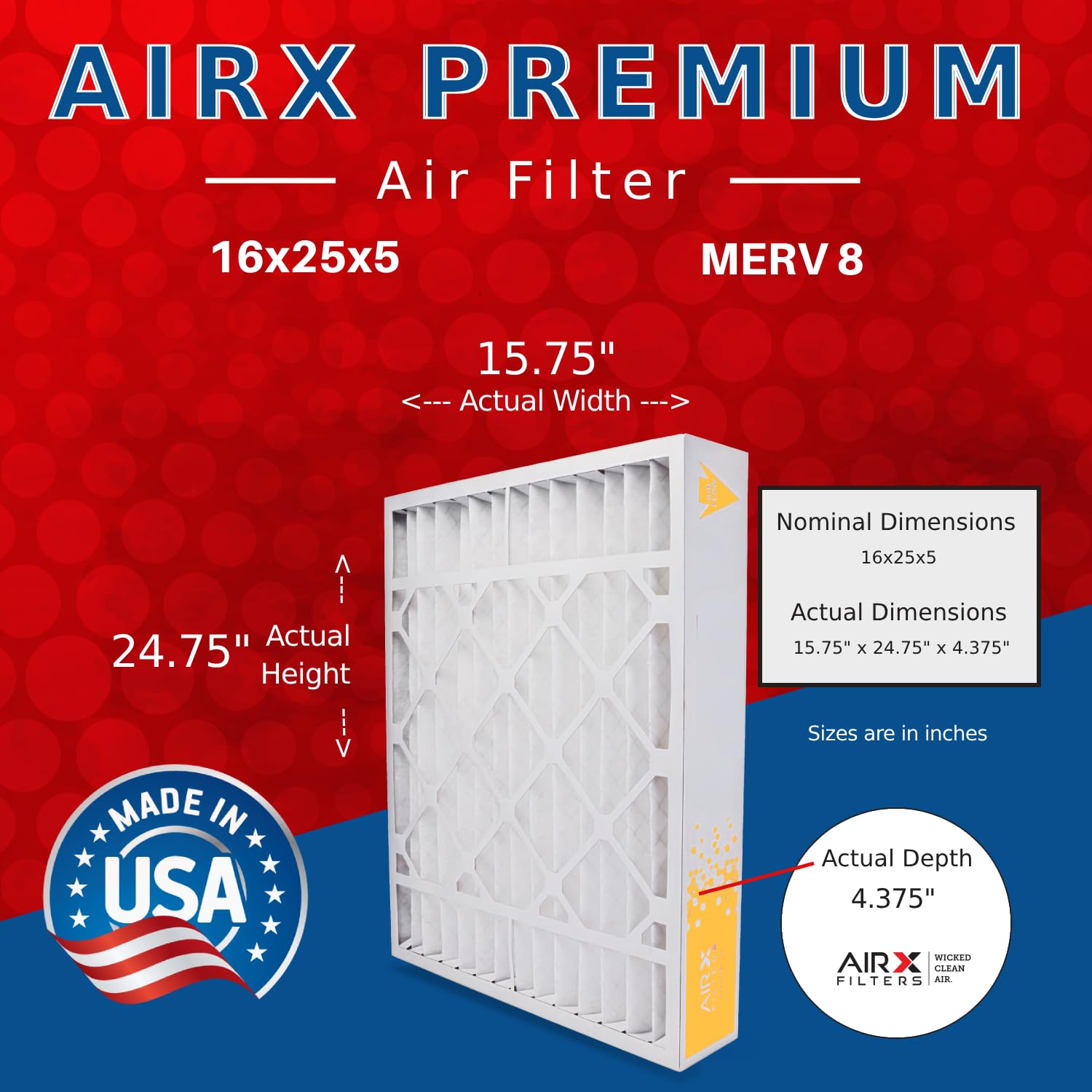 16x25x5 MERV 8 Air Filter 2 Pack - Compatible with Bryant Carrier FILXXCAR0016 Furnace | AIRX WICKED CLEAN Filters for Home HVAC Systems | Improves Indoor Air Quality & Reduces Allergens
