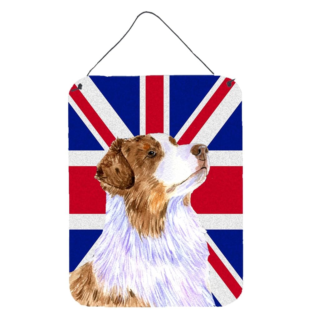 Australian Shepherd with Union Jack Flag Metal Wall Art - British Themed Kitchen, Bar, Bathroom & Front Door Decor - Aluminum Hanging Sign for Home & Office