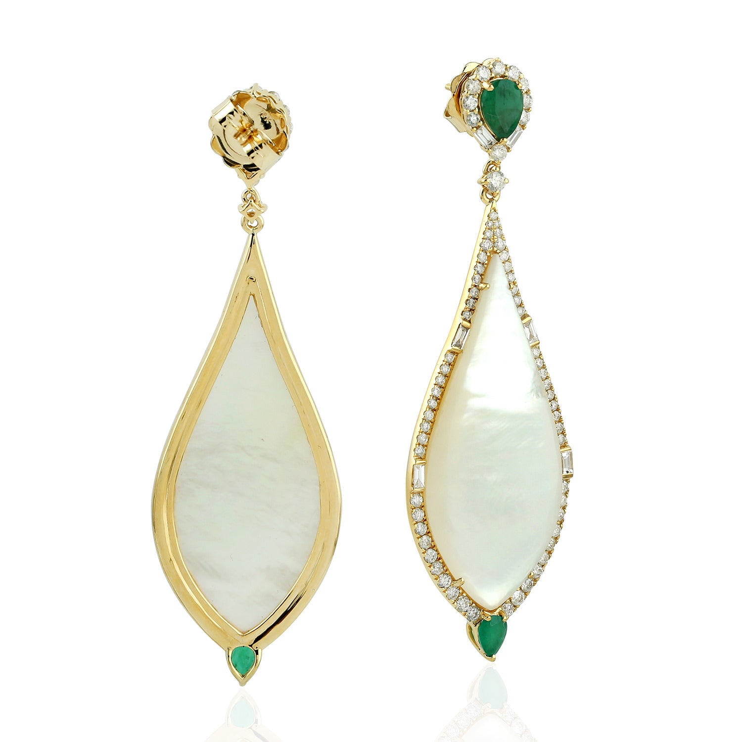 Exquisite Pear Cut Mother of Pearl & Emerald Pave Diamond Dangle Earrings in 14K Yellow Gold | Elegant Wedding, Party & Evening Wear Jewelry