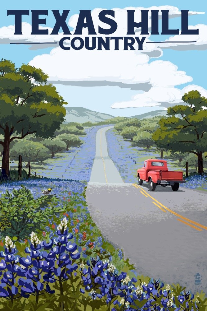 Texas Hill Country Bluebonnets and Highway 85862 - Signed 24x36 Art Print Wall Decor Poster - Perfect for Living Room, Bedroom or Office Decor