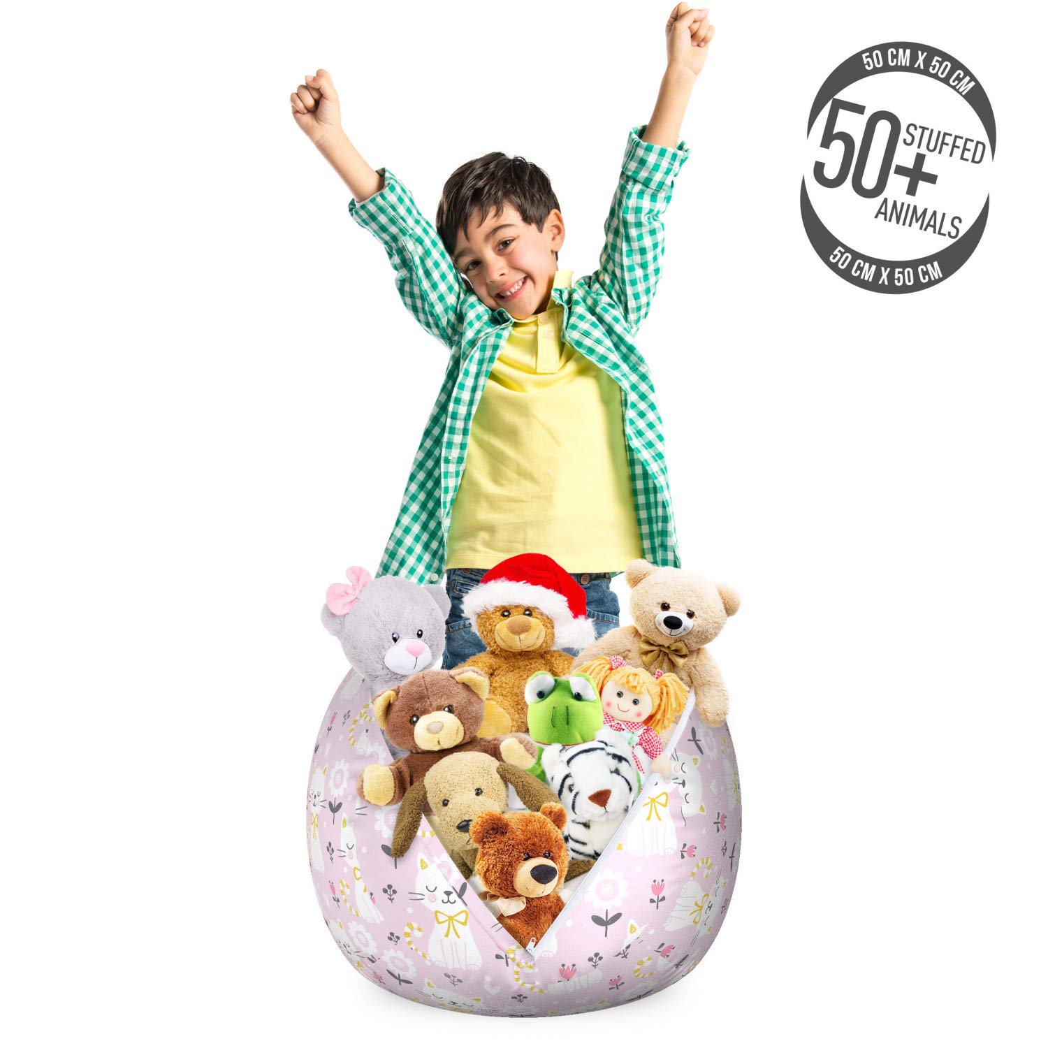 Ambesonne Kitten Storage Toy Bag Chair - Floral Cat Design with Striped Tails & Ribbon - Washable Stuffed Animal Organizer for Kids Room - Small Size in Mauve Pale Pink - Perfect for Nursery, Playroom & Pet Toy Storage