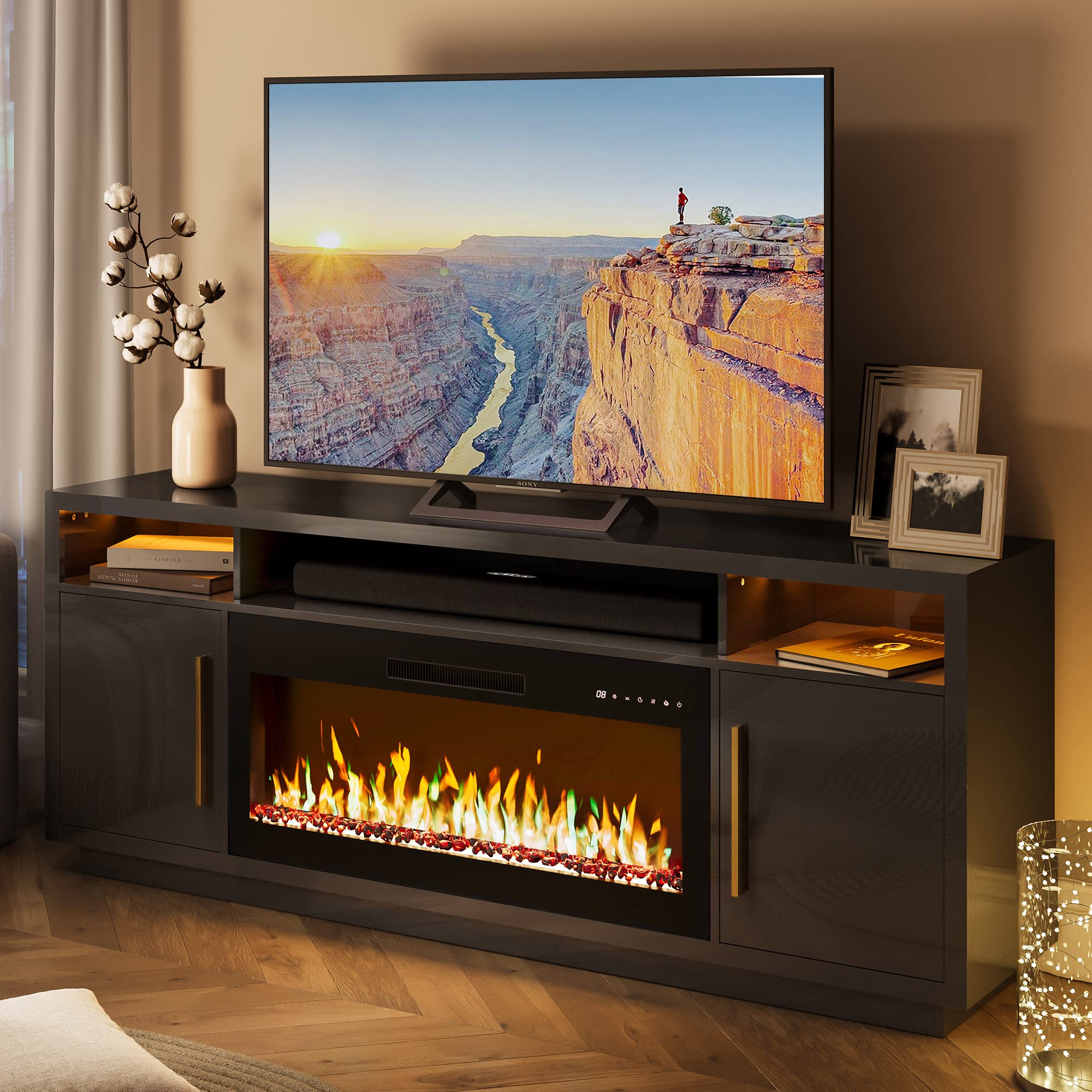 BELLEZE 70 Inch Fireplace TV Stand for 80 Inch TVs, LED Light Entertainment Center with 36 Inch Electric Fireplace Heater, Storage Cabinet, Media Console Table for Living Room - Avenue (Black) | Perfect for Home Theater Setup & Cozy Winter Nights