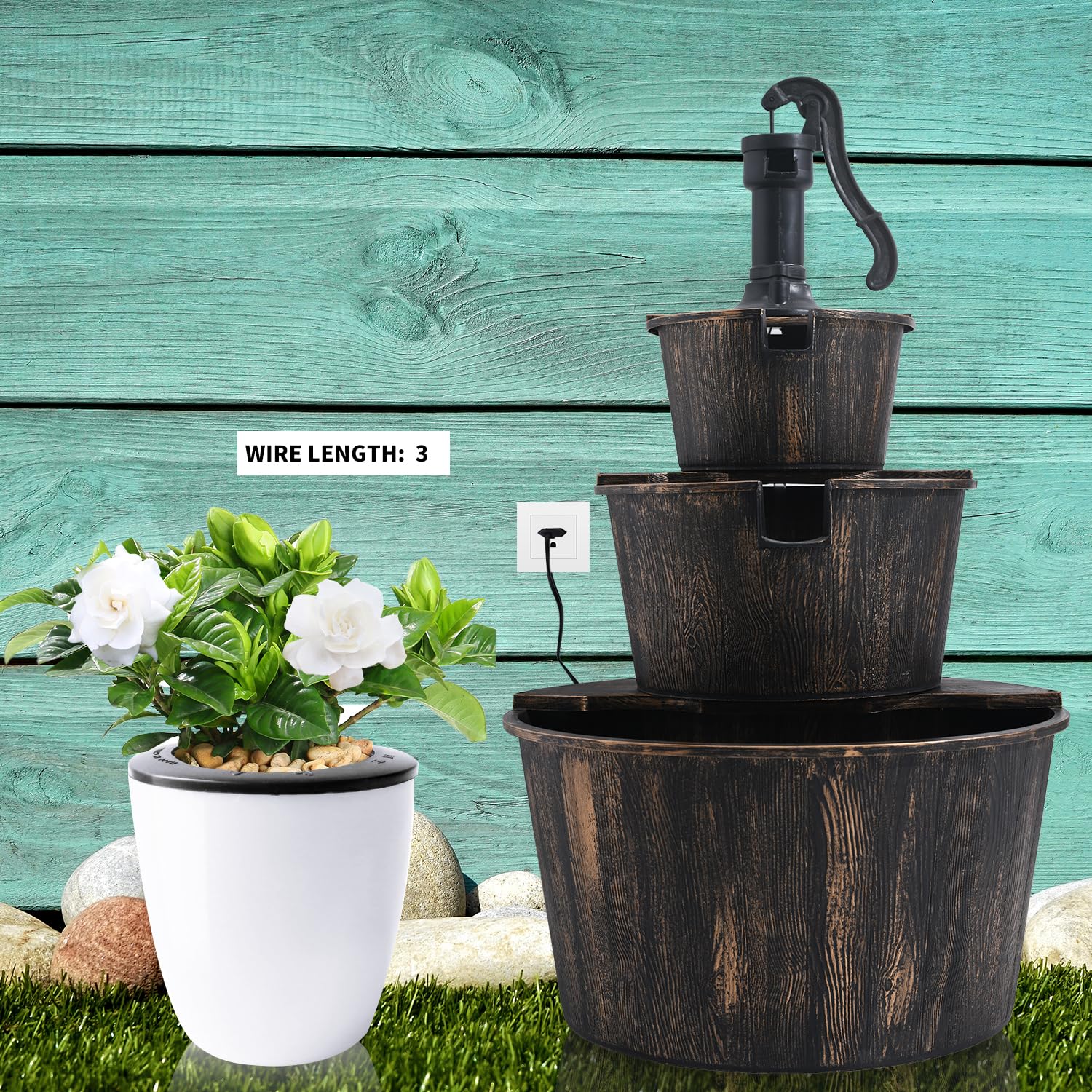 YI 40-Inch 3-Tier Barrel Waterfall Fountain - Rustic Wood Outdoor Water Feature with Pump for Garden, Patio, Backyard - Perfect for Relaxation & Landscape Decoration
