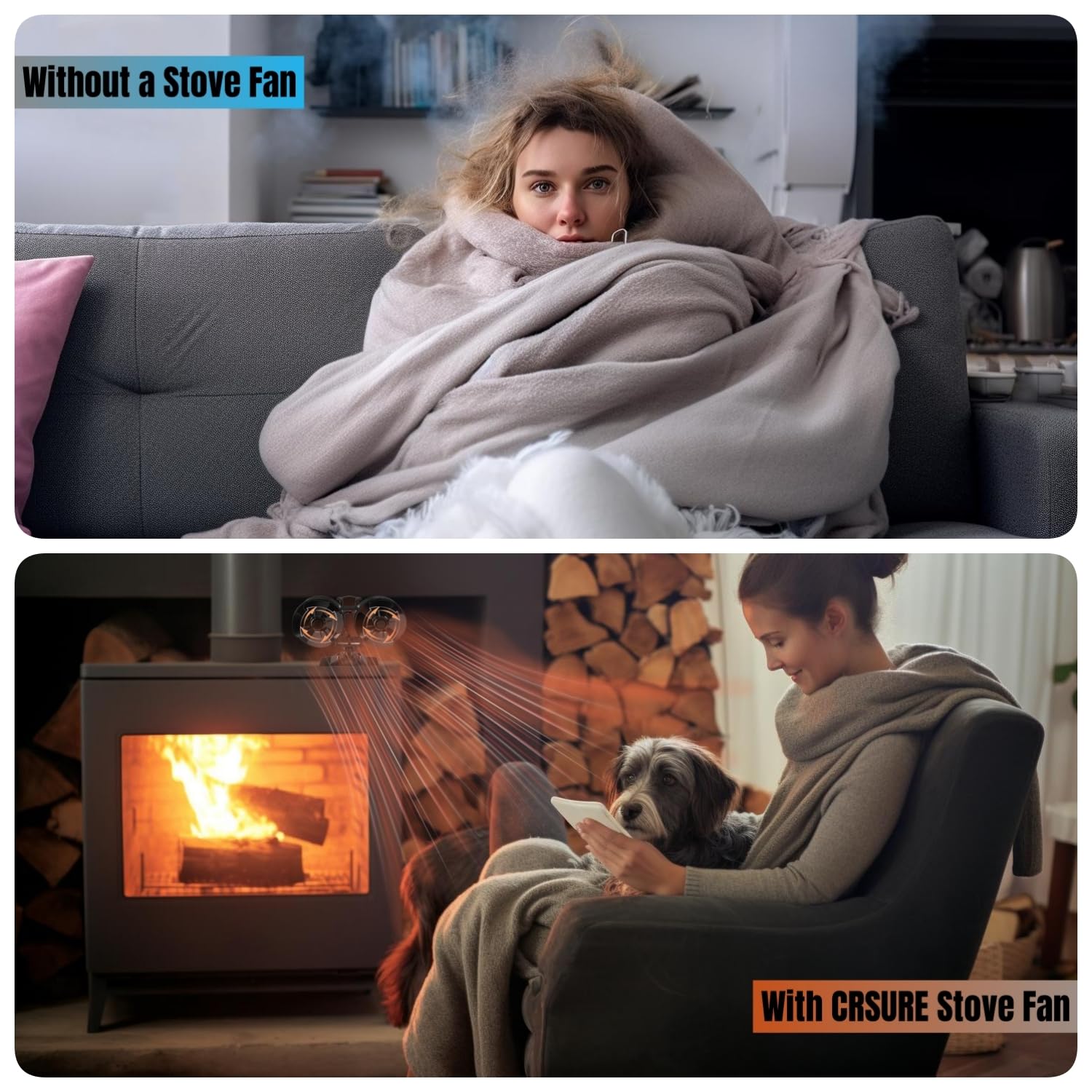 CRSURE 8-Blade Heat Powered Wood Stove Fan - Eco-Friendly Fireplace Fan for Log Burner, Wood Burning Stoves & Fireplaces with Built-in Thermometer | Silent Operation, Energy Efficient | Perfect for Cabin Heating, Camping & Winter Home Use