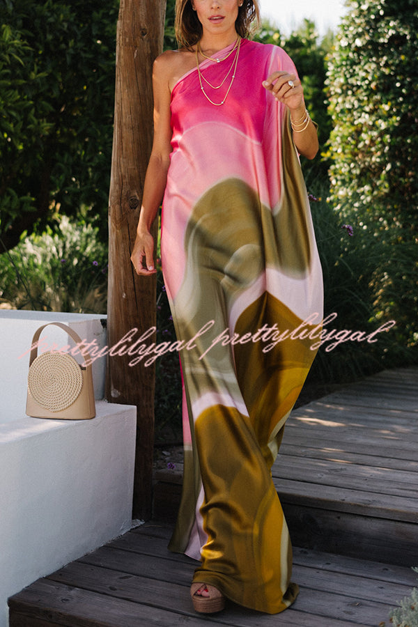 Stylish Satin Tie-Dye One Shoulder Maxi Dress for Women - Summer Vacation & Beach Party Outfit