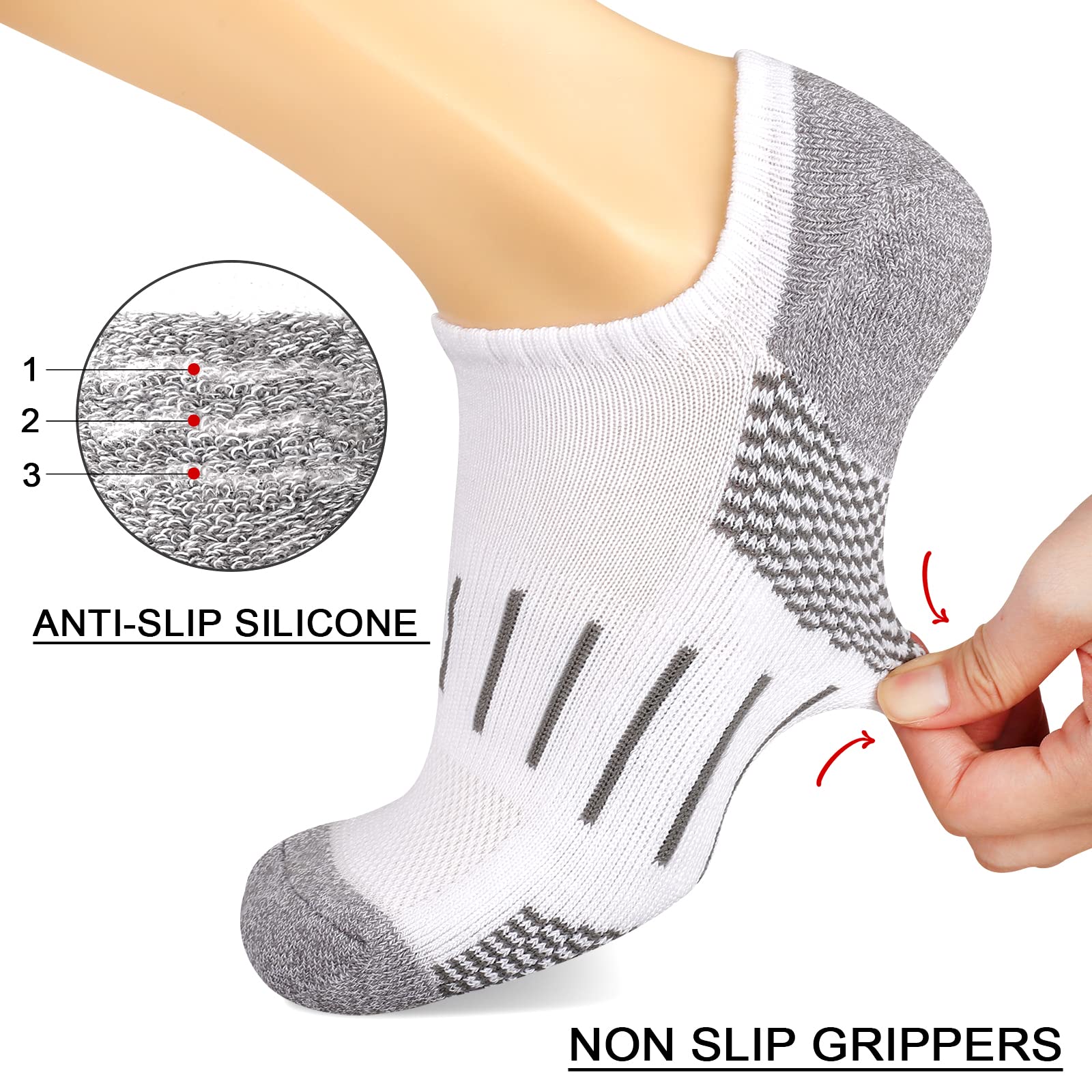 Heatuff No Show Socks for Men - 7 Pairs Low Cut Athletic Socks with Cushion & Non-Slip Grip - Breathable Invisible Socks for Running, Gym, Workout & Daily Wear