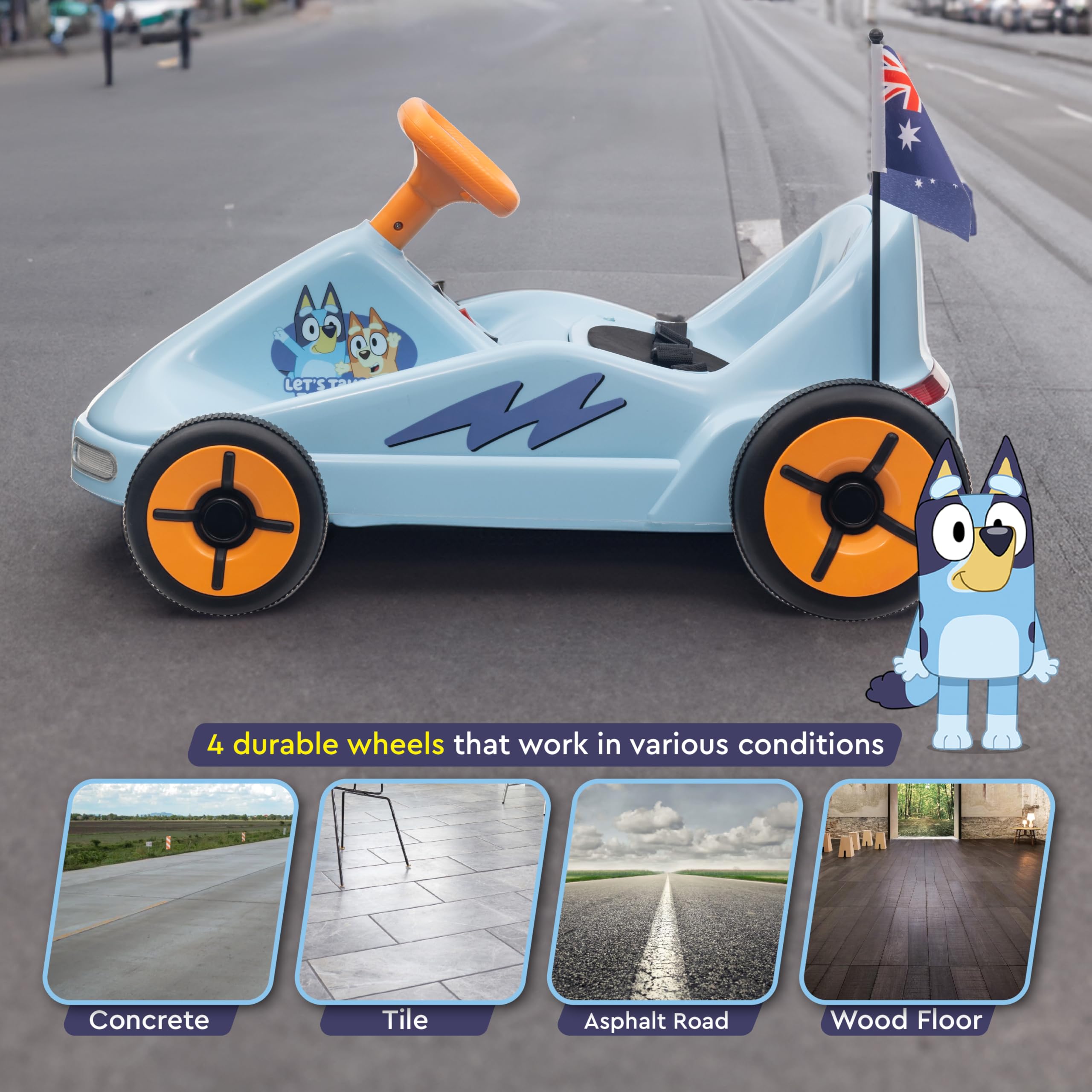Bluey 12V Electric Go Kart for Kids - Ride-On Toy with LED Lights & Safety Seat Belt | Ages 3-6 Years | Durable PVC & Iron Frame | Rechargeable Battery | Indoor & Outdoor Play | Perfect for Birthday Gifts & Backyard Adventures