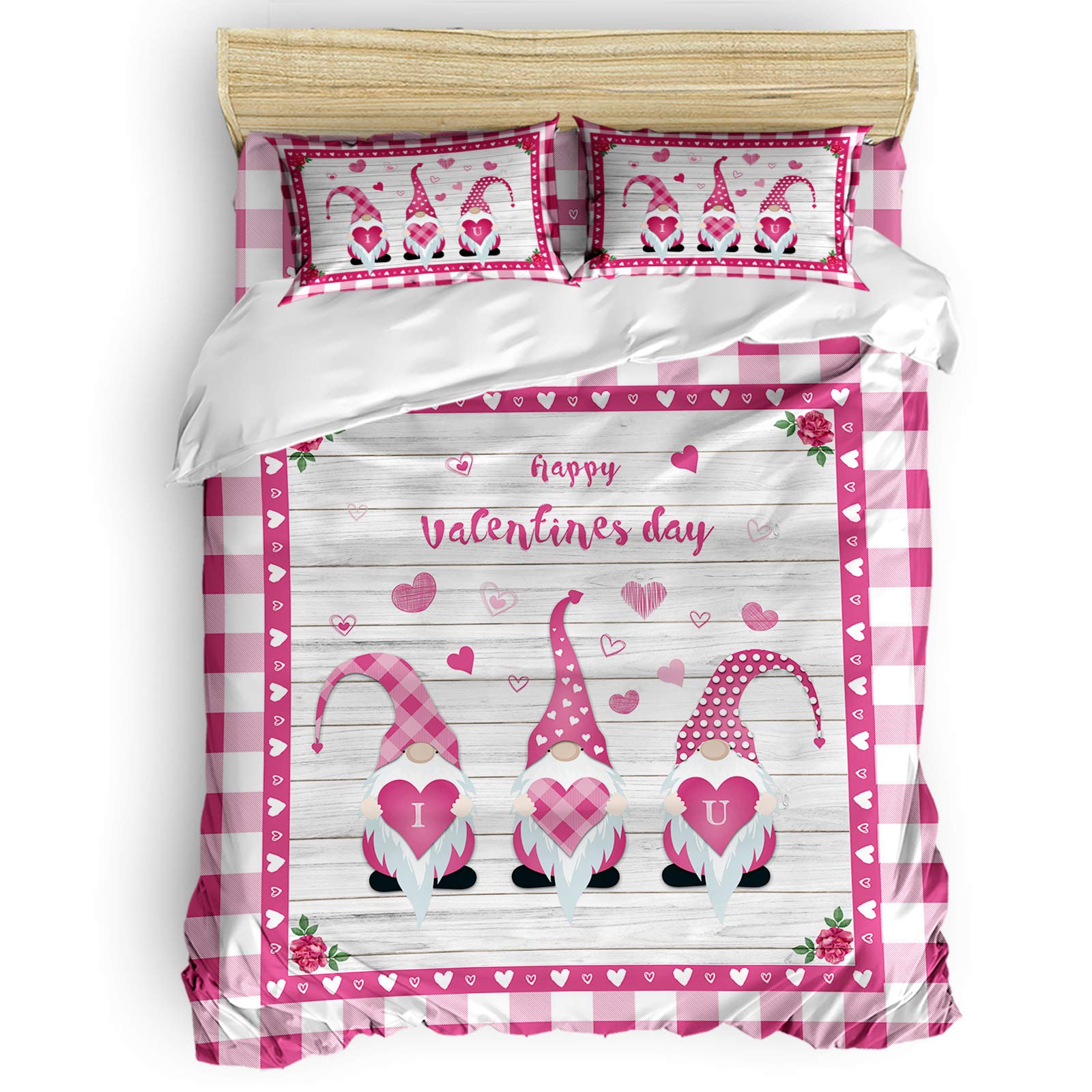 Valentine's Day Gnome Duvet Cover Set - Twin Size 4-Piece Bedding with Pink Love Design on Rustic Wood Plaid, Breathable Comforter Cover, Flat Sheet & Pillowcases - Perfect for Romantic Bedroom Decor, Anniversary Gifts or Cozy Winter Nights