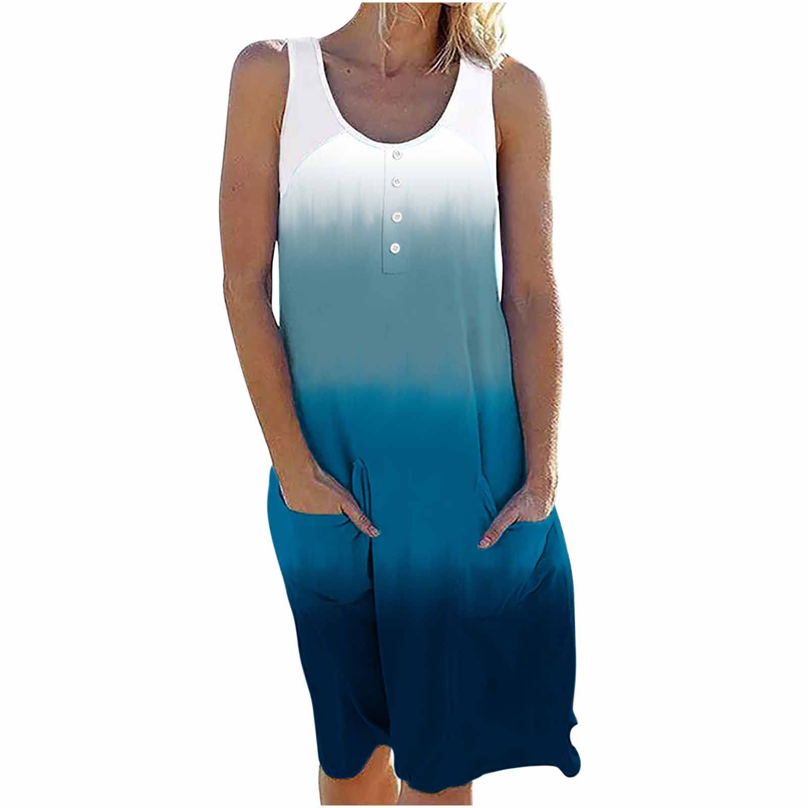 Women's Casual Summer Sleeveless Knee-Length Pleated Sun Dress with Pocket - Floral Print Beach Dress for Vacation, Party & Outdoor Activities
