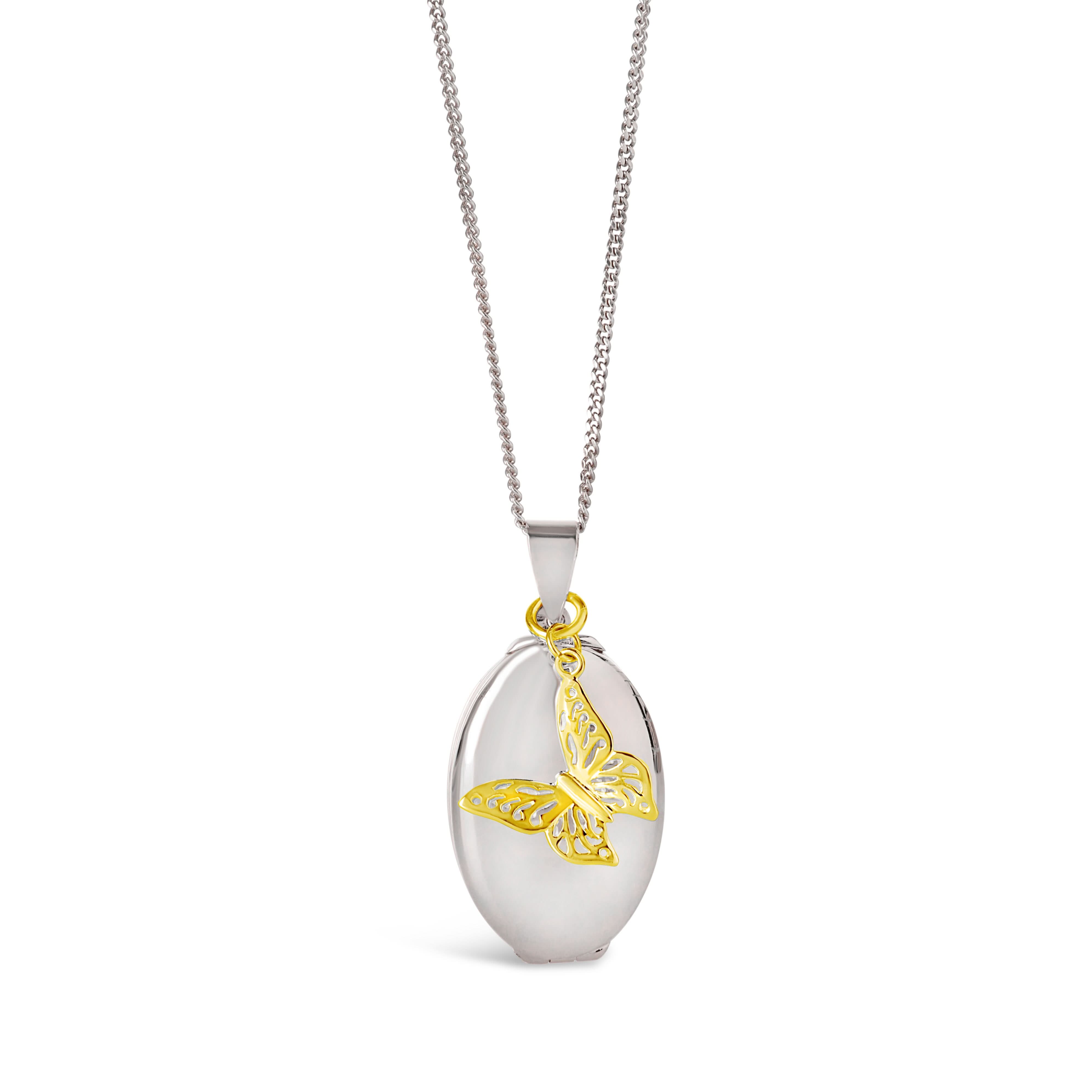 Silver & Gold Oval Butterfly Photo Locket Necklace - Holds 4 Pictures - Perfect for Valentine's Day, Anniversary & Mother's Day Gifts