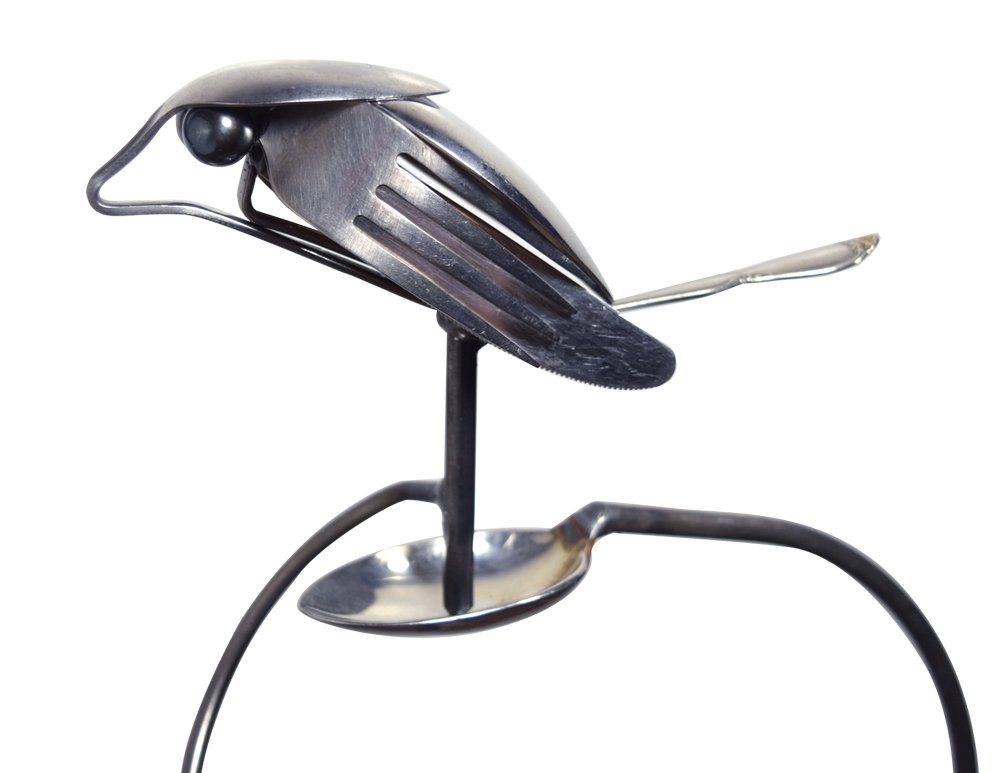 American Made Flatware Finch Balancing Garden Stake - Upcycled Utensil Sculpture for Outdoor Decor and Bird Watching