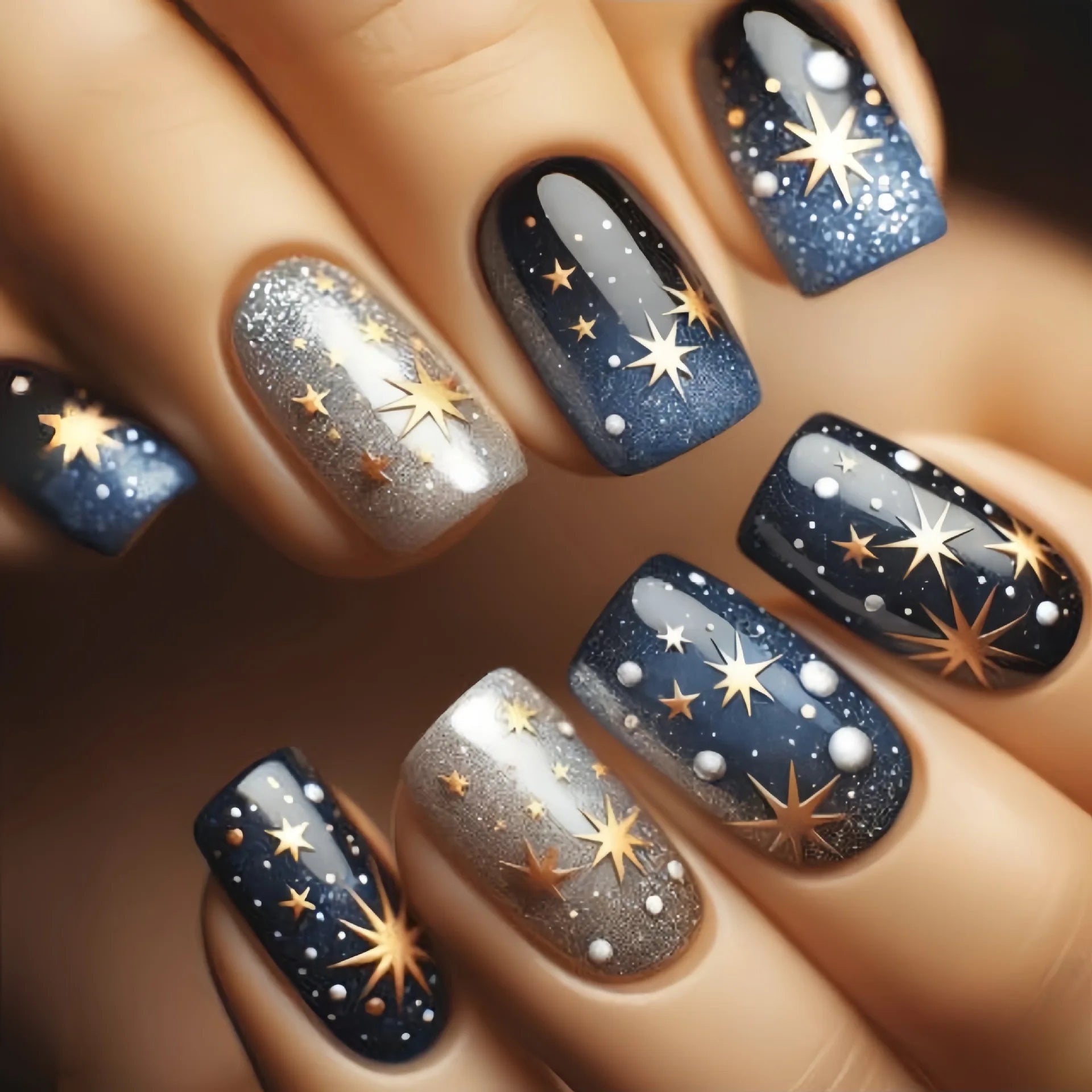 24Pcs Colorful Starry Sky Press on Nails - Full Cover Square Fake Nails with Dreamy Moon & Meteor Designs | Detachable Nail Tips for Women | Perfect for Parties, Date Nights & Special Occasions
