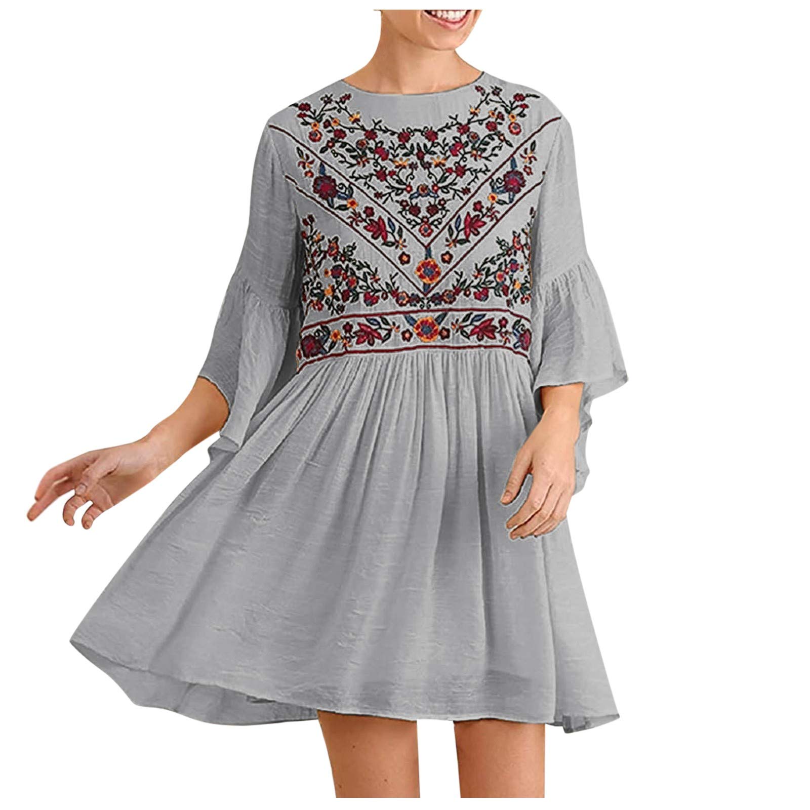 Forwelly Women's Boho Floral Short Sleeve Mini Dress - Spring Summer Casual Sundress for Beach Vacation, Party & Date Night