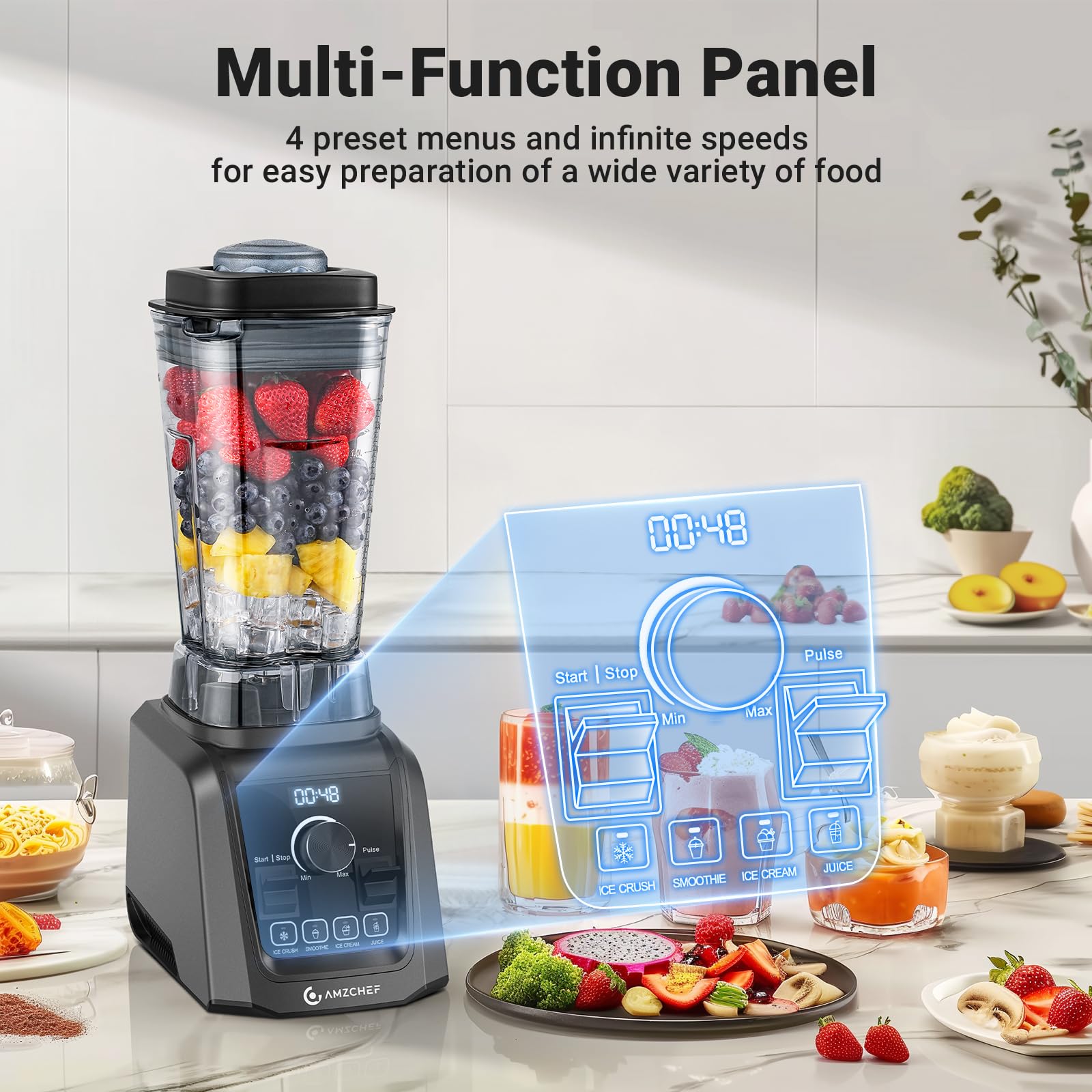 AMZCHEF 1800W Professional Blender for Smoothies, Ice Crushing, Soup & Juice - 68oz BPA-Free Pitcher, 5 Functions & Variable Speed - Perfect for Kitchens, Restaurants & Healthy Lifestyles