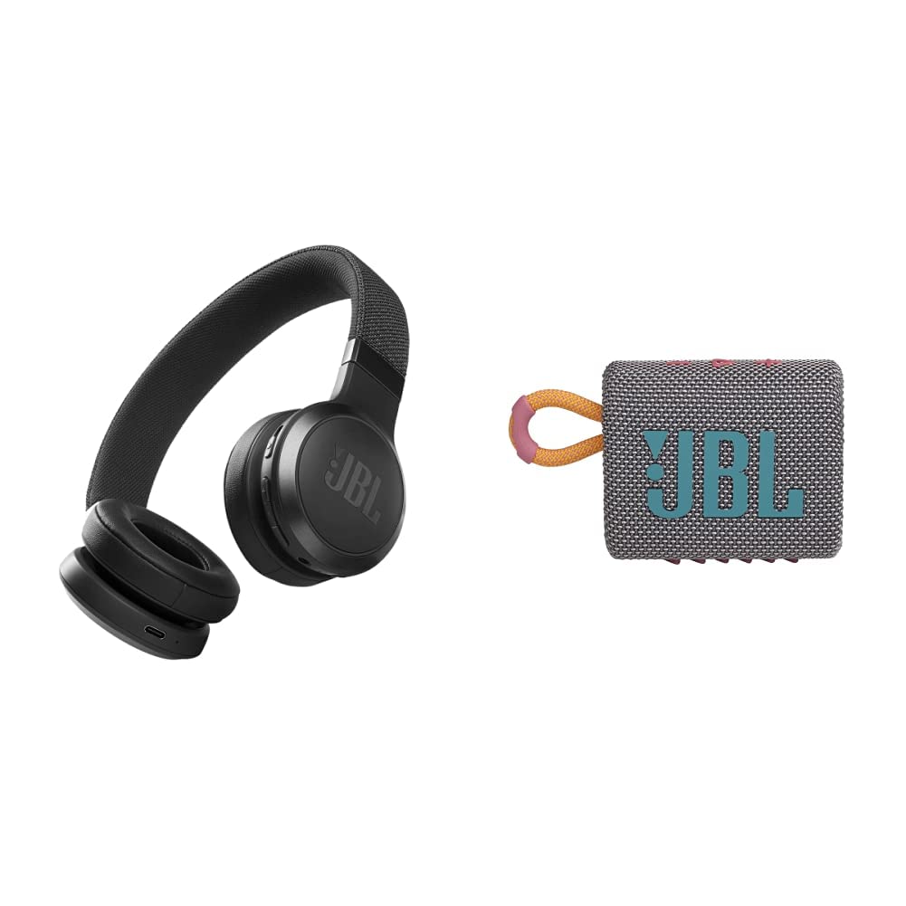 JBL Live 460NC Wireless On-Ear Noise Cancelling Headphones - 50H Battery, Voice Assistant, Bluetooth 5.0 for Travel & Office | JBL Go 3 Portable Bluetooth Speaker - Waterproof, 5H Playtime for Outdoor & Pool Party (Black)