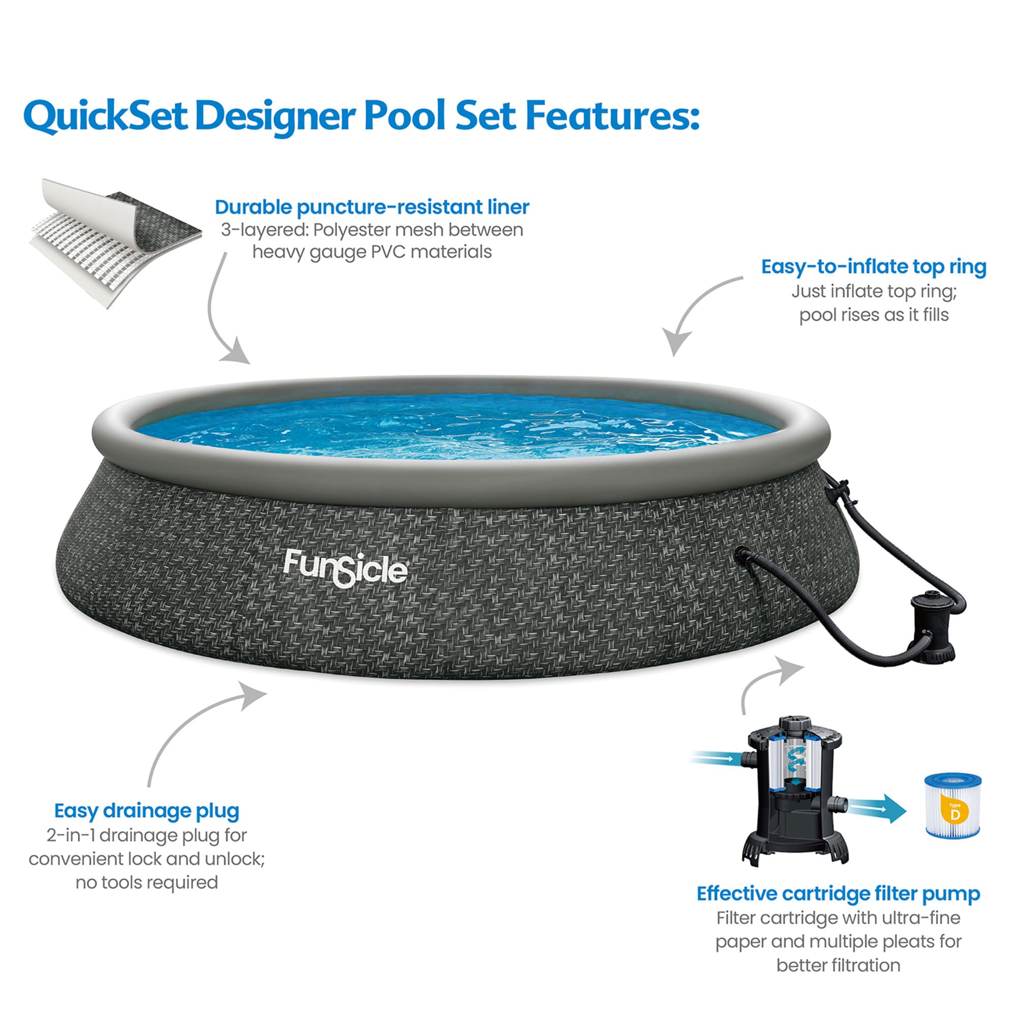 Funsicle 15ft x 36in Quick-Set Inflatable Round Above Ground Swimming Pool Set with Pump & Filter - Dark Herringbone Design for Backyard, Family Fun & Summer Relaxation