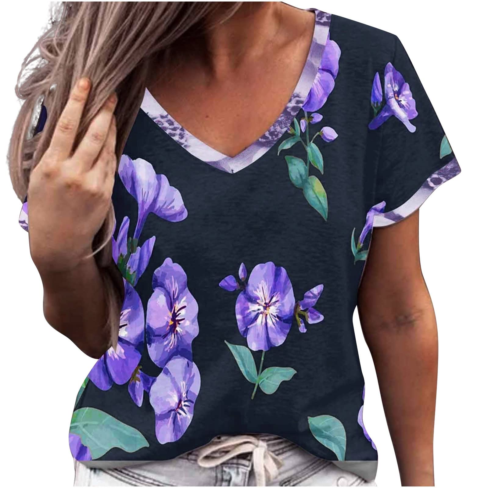 Trendy Women's Casual V-Neck Short Sleeve T-Shirt - Summer Blouses with Stylish Prints, Loose Fit Tunic Tops for Work, Workout & Everyday Wear | Perfect for Office, Gym, and Weekend Outings
