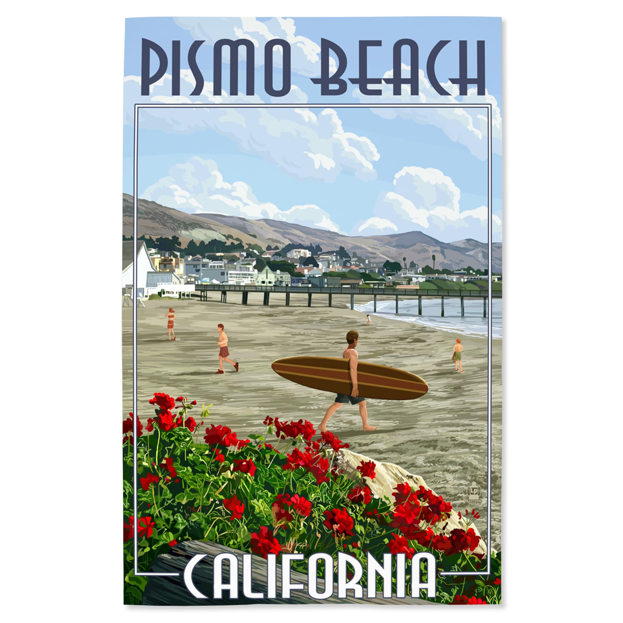 Lantern Press 16x24 Inch Giclee Art Print - Pismo Beach California Coastal Wall Decor with Surfer Scene | Perfect for Beach House, Living Room & Office Decor