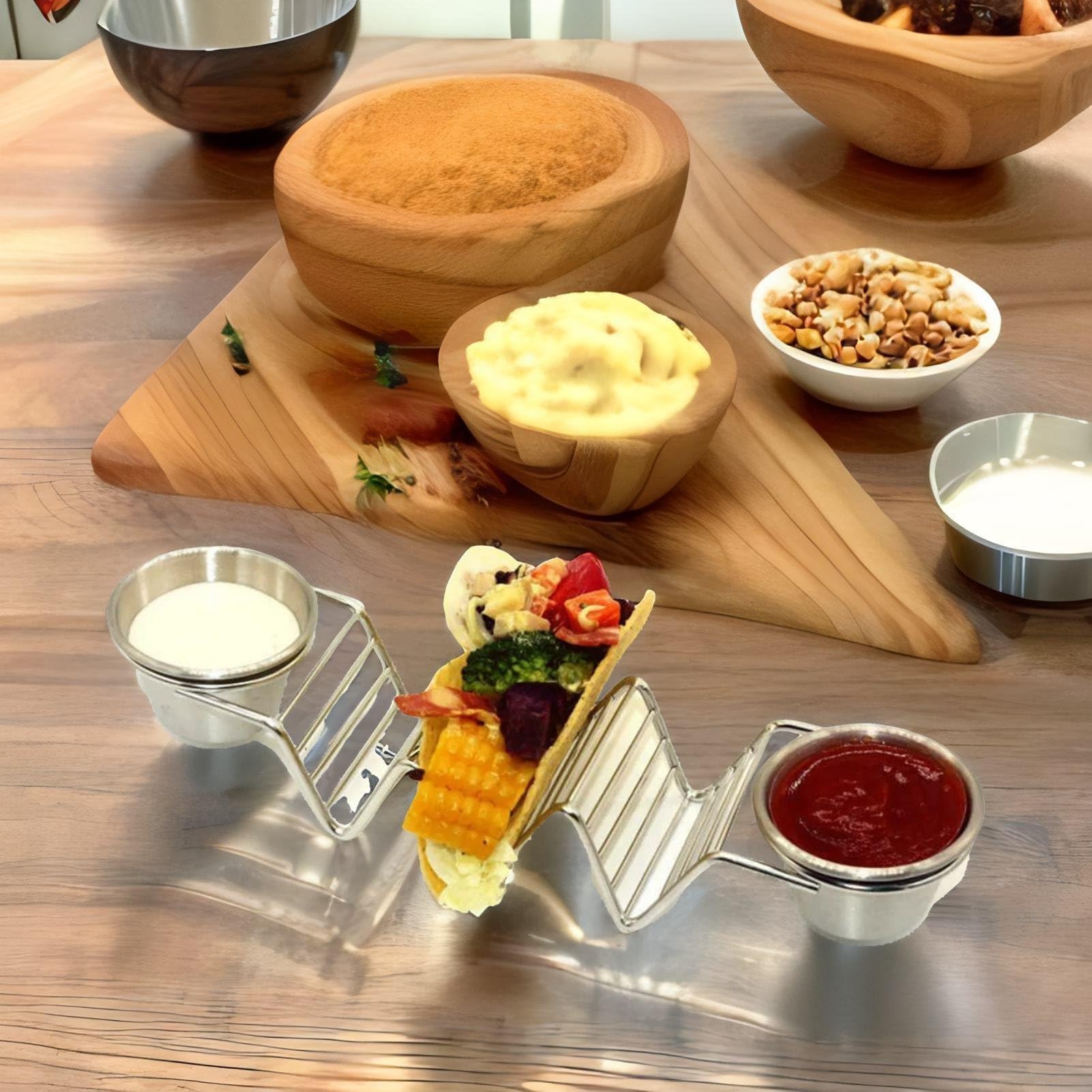 Stainless Steel Taco Stand Holder with Sauce Tray - 6 Slot Taco Rack for Baking, Serving & Party Display - Perfect for Taco Night, Mexican Fiesta, BBQ & Family Gatherings