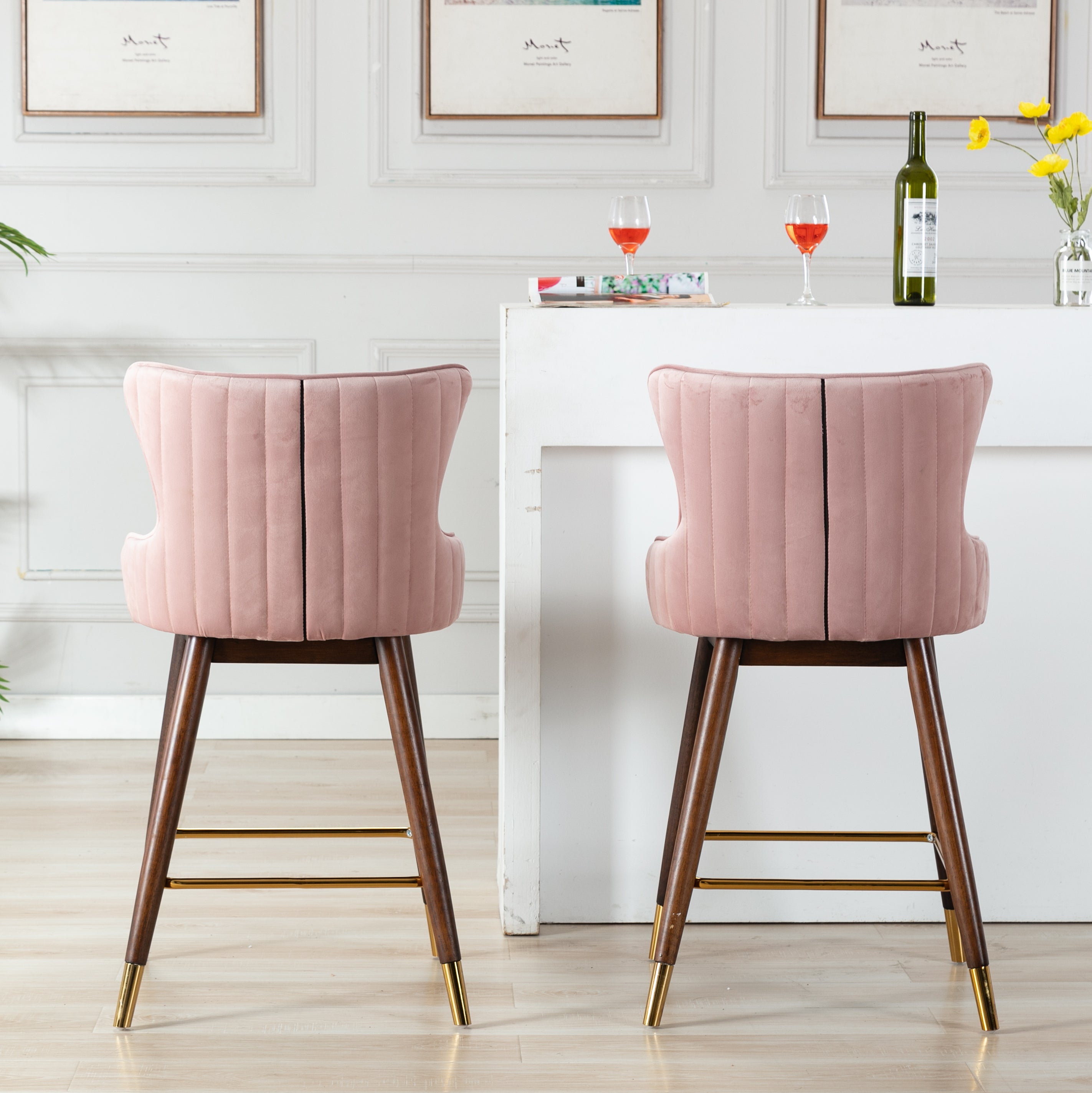 Roundhill Furniture Leland Fabric Upholstered Counter Height Wingback Bar Stools, Pink - Set of 2 for Kitchen Island, Breakfast Nook & Home Decor