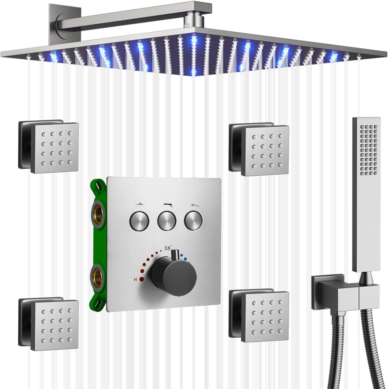 AYIVG Brushed Nickel Thermostatic Shower System - 12 Inch LED Rainfall Shower Head with 4 Body Spray Jets, Wall Mount Faucet Set for Simultaneous Multi-Function Use | Perfect for Luxurious Spa-Like Experience in Modern Bathrooms