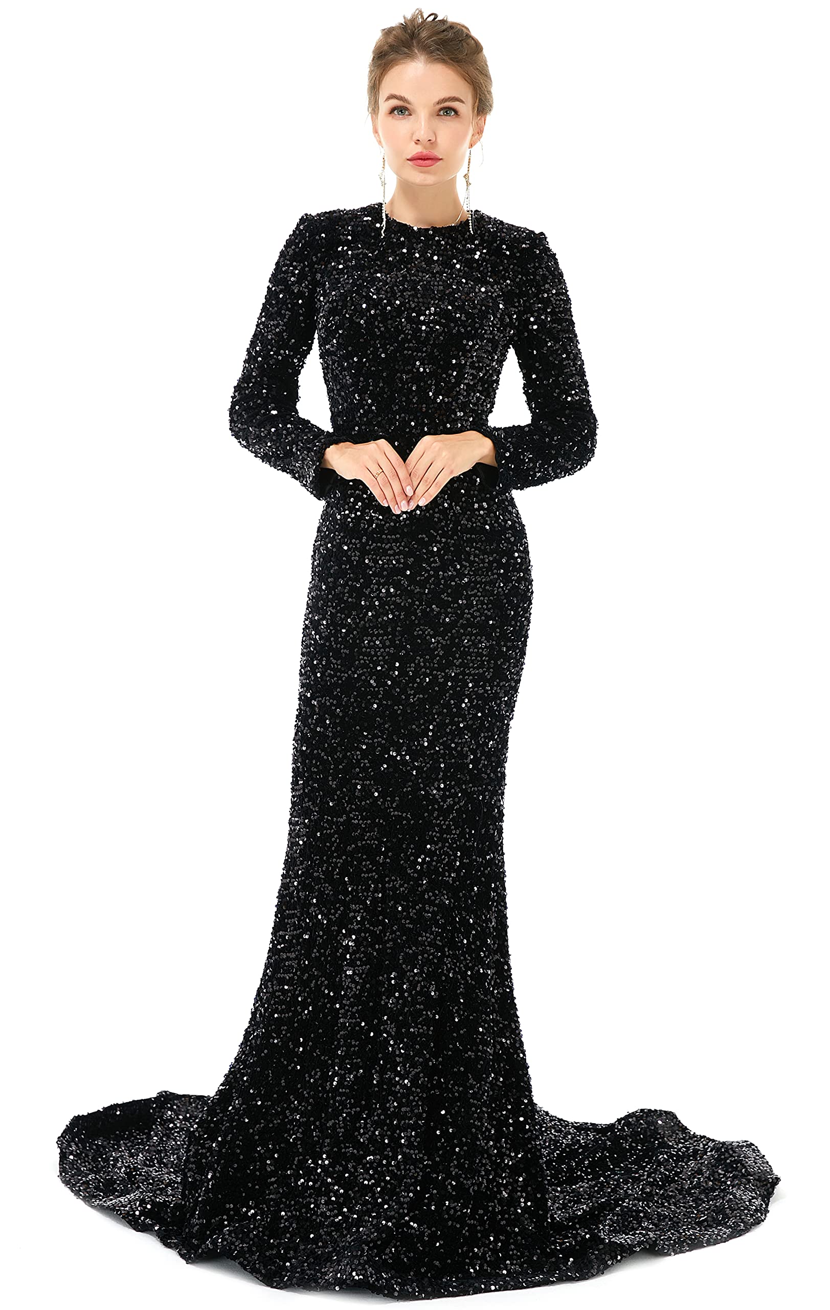 Elegant Women's Long Sleeve Sequin Mermaid Evening Dress with Detachable Sleeves - Perfect for Prom, Gala, Wedding & Formal Events