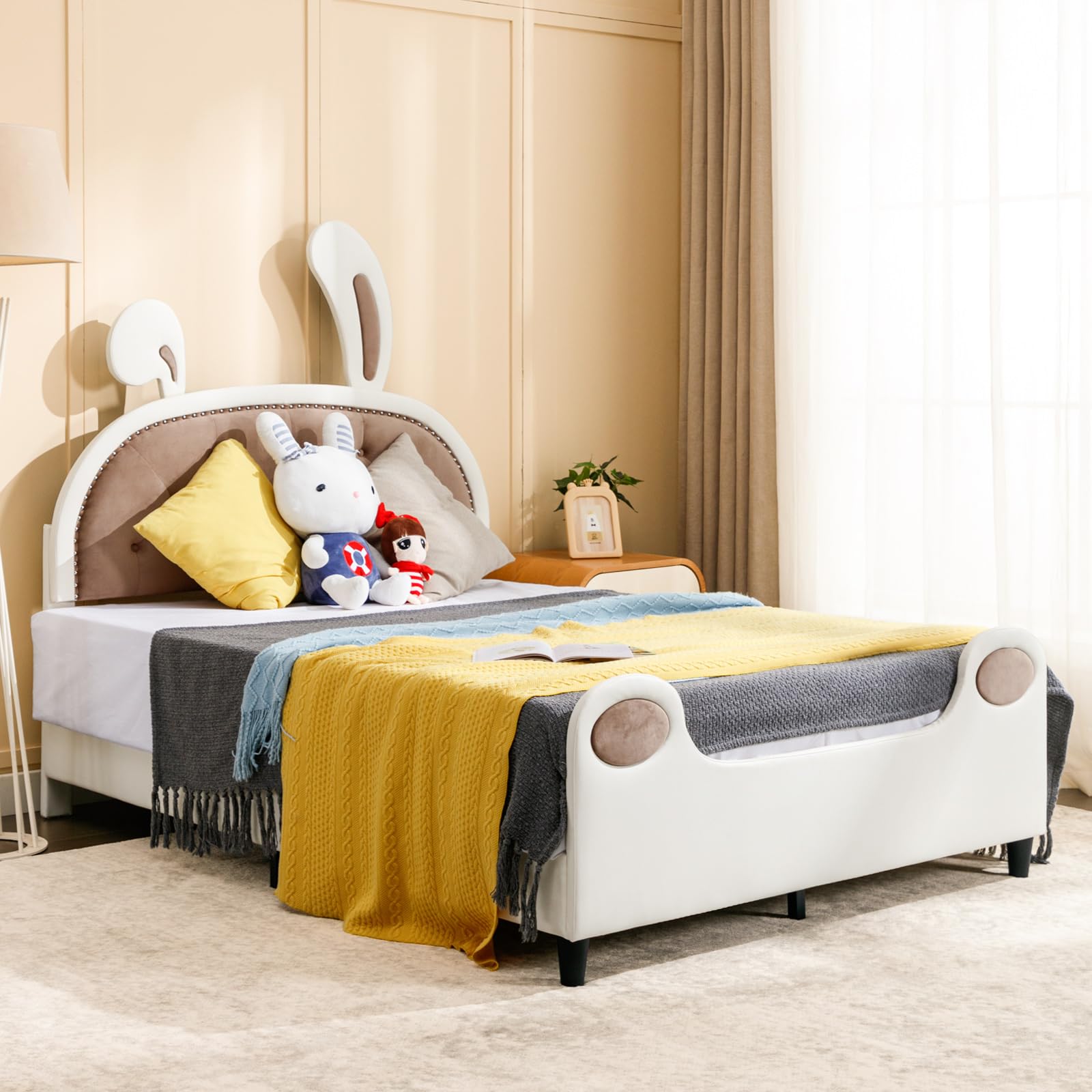 BALUS Full Size Bed Frame for Kids - Upholstered Bunny Daybed with Rabbit Ears Headboard, Faux Leather Velvet Platform Bed for Children's Bedroom, No Box Spring Needed with Wood Slats Support | Perfect for Nursery, Playroom & Sleepovers