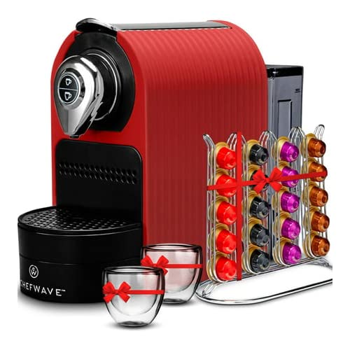 ChefWave Mini Espresso Machine for Nespresso Pods - Programmable One-Touch Coffee Maker with Water Tank & Pod Holder, Includes 2 Double-Wall Glass Cups & 20 Bestpresso Intenso Capsules - Perfect for Home, Office or Gifts (Red)