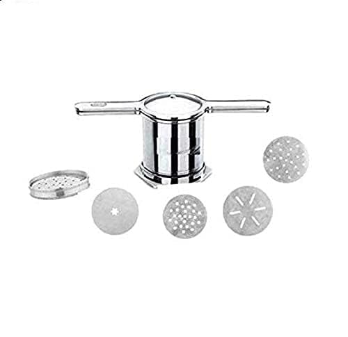Premium UROOJ Aluminum Kitchen Press with 5 Blades - Snack Maker, Noodles Press, Murukku Maker, Karampoosa Giddalu - Perfect for Homemade Chips, Pasta, and Traditional Indian Snacks (Silver)