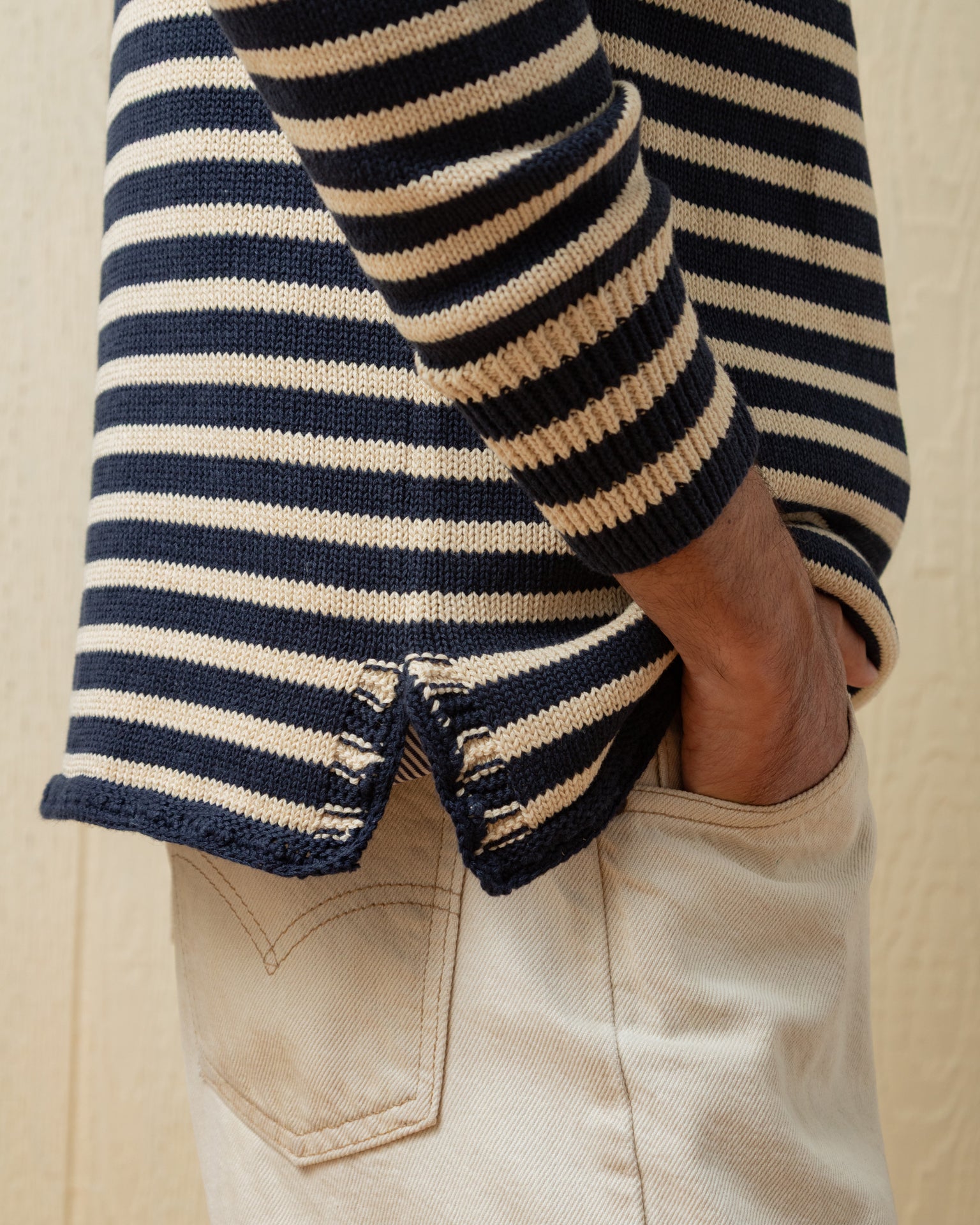 Premium Cotton Linen Blend Fisherman's Sweater - Navy & Sand Striped Pullover for Men & Women | Cozy Casual Wear for Fall, Winter & Outdoor Activities