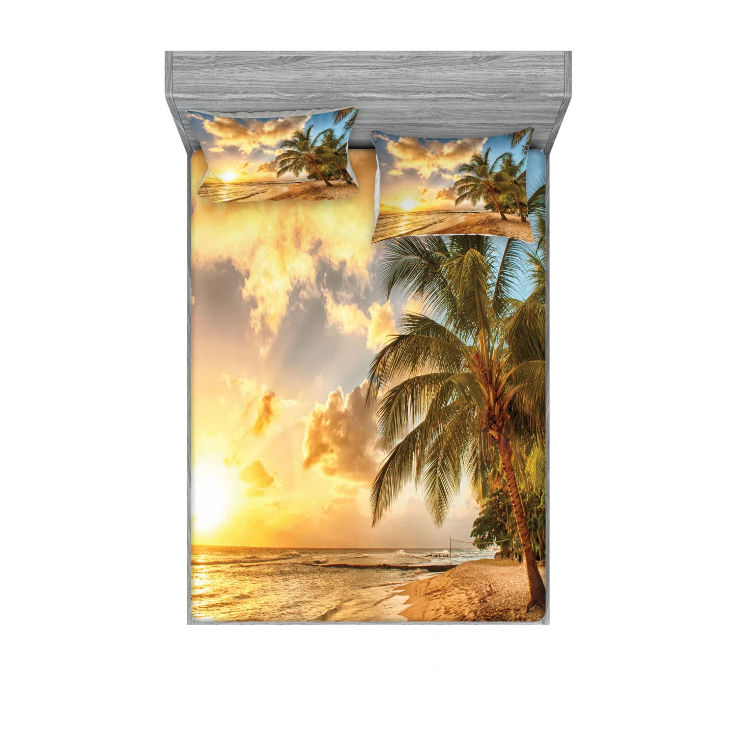 Ambesonne Tropical 2-Piece King Size Fitted Sheet Set with 4 Pillow Shams - Exotic Beach Design in Cream & Blue | Soft Bedding for Master Bedroom, Guest Room & Vacation Homes