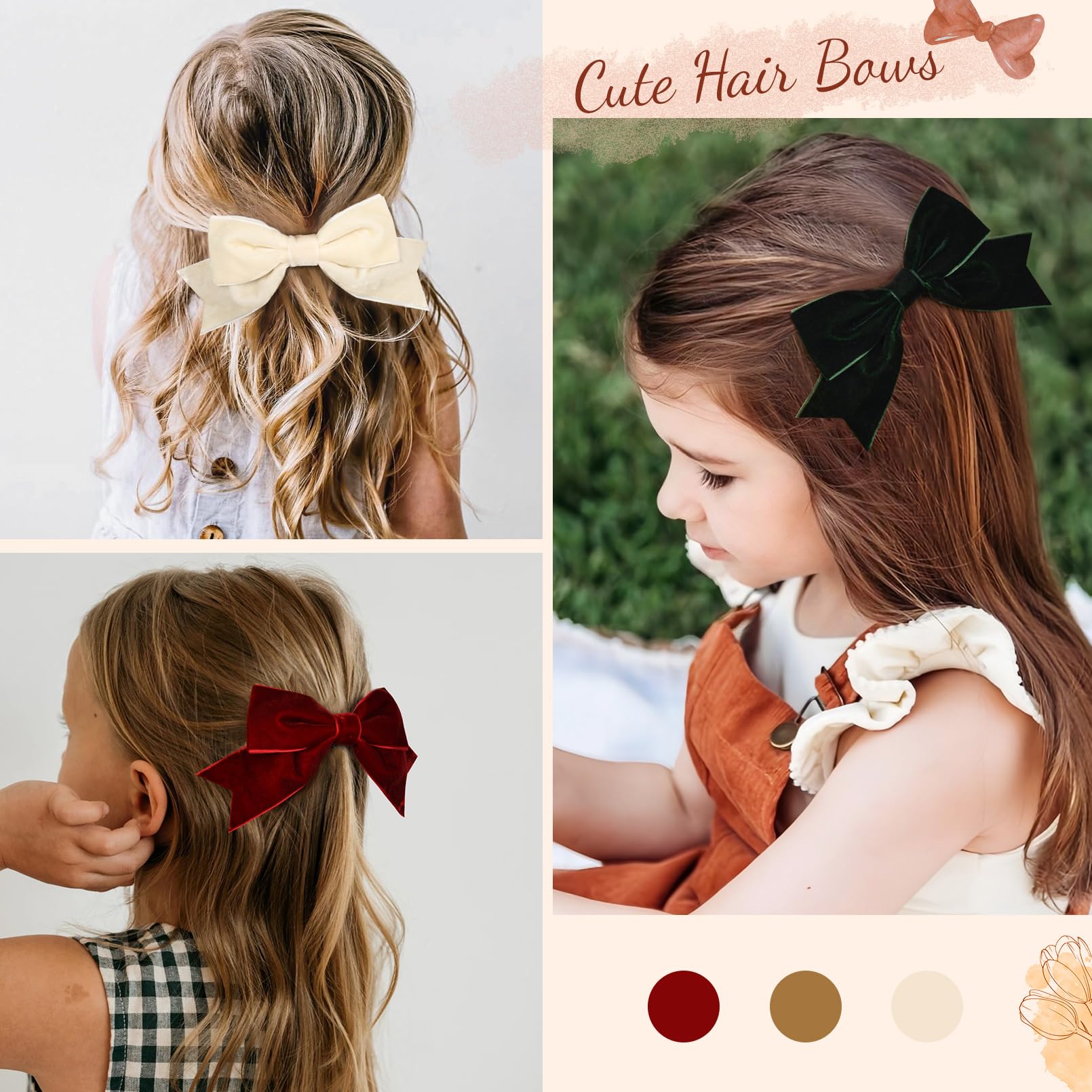 6PCS Velvet Hair Bows - Big Fall Alligator Clips Hair Ribbon Clips for Women, Girls, Toddlers & Baby | Hair Accessories for Parties, Weddings & Daily Wear