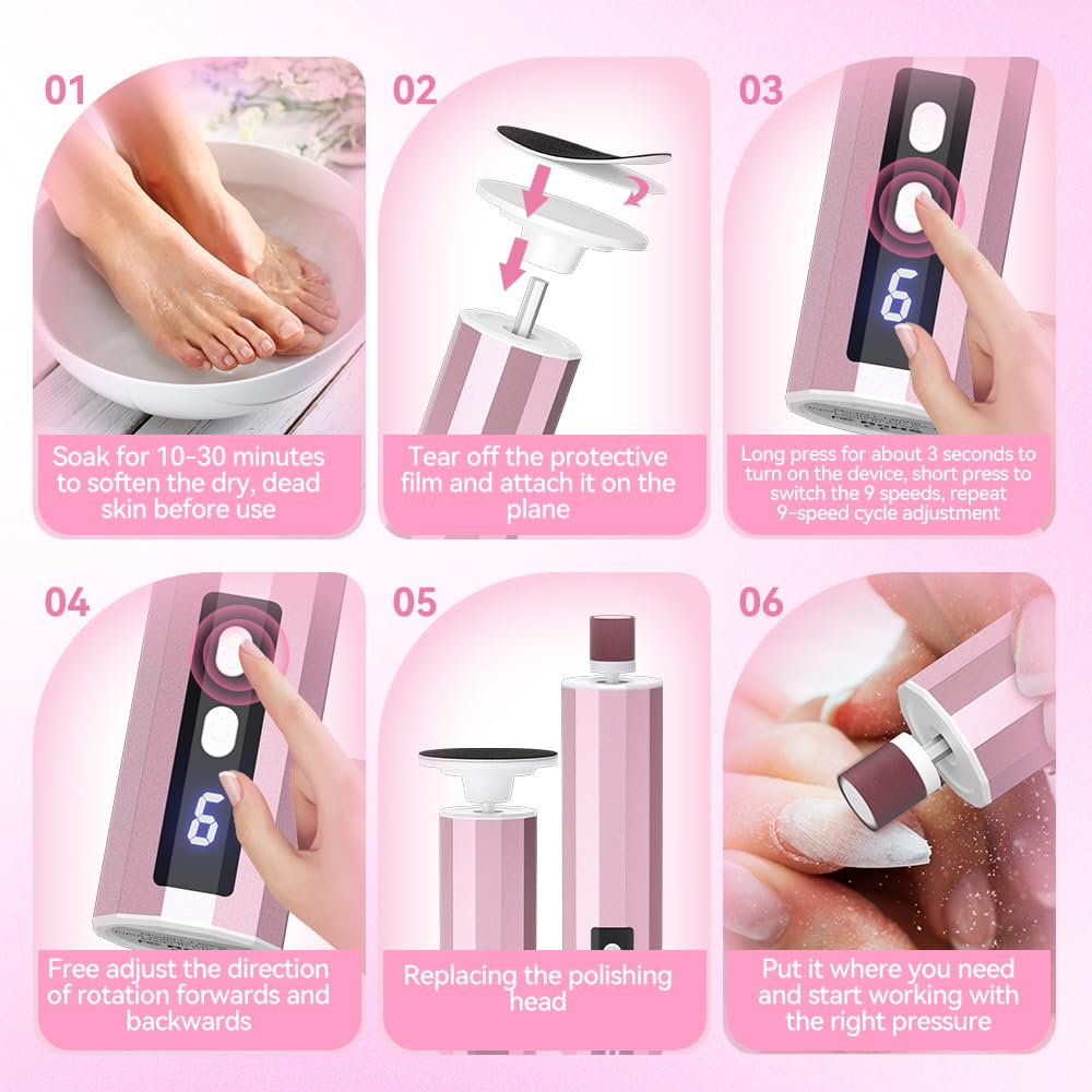 Electric Callus Remover for Feet - Cordless Rechargeable Pedicure Tool with 9 Speed Settings, Replaceable Sandpaper Discs for Dead Skin & Callus Removal - Perfect for Home Foot Care & Spa Treatments (Rose Gold)