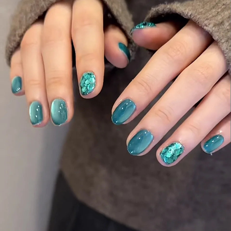 10Pcs Short Blue Handmade False Nails with Shimmery Powder Cat Eye Effect - Press on Gel Nails for Manicure - Sweet Lovely Artificial Nail Tips for Parties, Weddings & Daily Wear