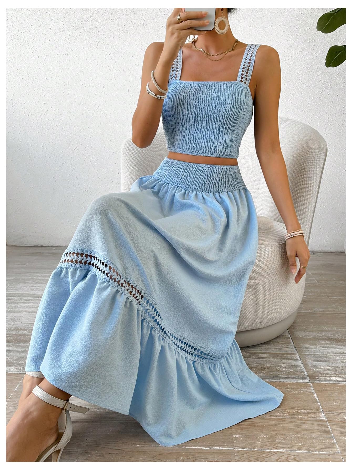 SweatyRocks Women's Summer Outfit Set - Floral Print Shirred Crop Camisole Top & Ruffled Hem Skirt 2 Piece Set | Casual Beach Wear, Vacation Outfits, Date Night Dresses