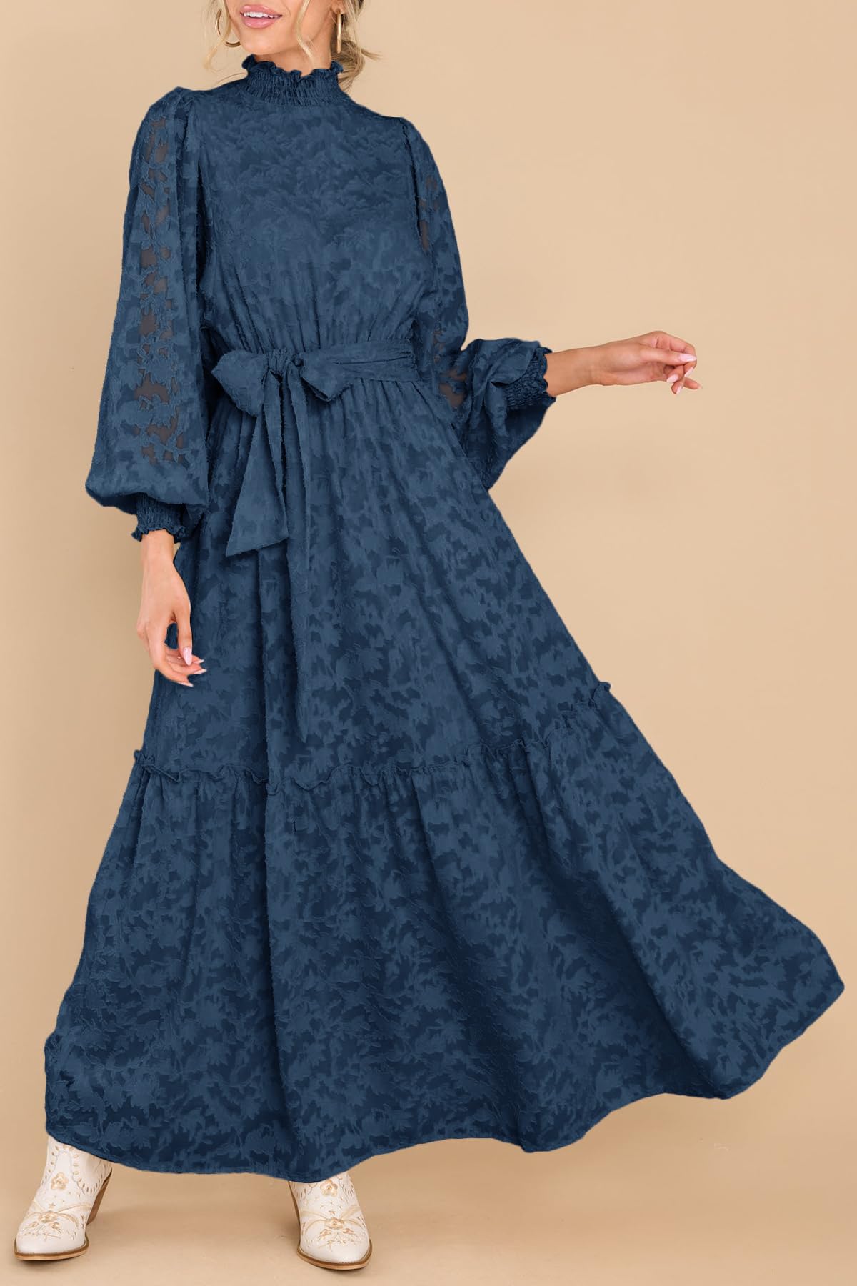 Elegant Floral Print Women's Fall Maxi Dress with High Neck, Long Sleeves & Elastic Waist - Formal Occasion Wear for Weddings, Parties & Office Events
