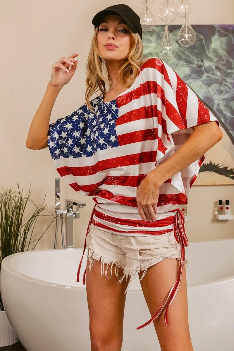 BiBi American Flag Printed Side Ruched Details Knit Top - Stylish Patriotic Women's T-Shirt for Casual Wear, 4th of July & Summer Outfits