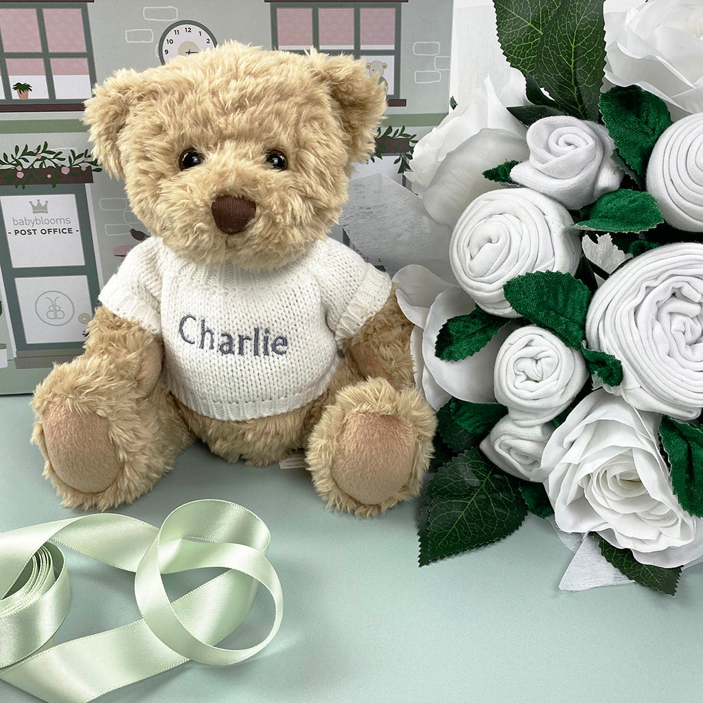 Luxury Rose Baby Clothes Bouquet with Personalized Teddy Bear Gift Set - Elegant White Baby Shower, Christening & Newborn Gift for Girls & Boys - Perfect for Baby Showers, Birthdays & Special Occasions