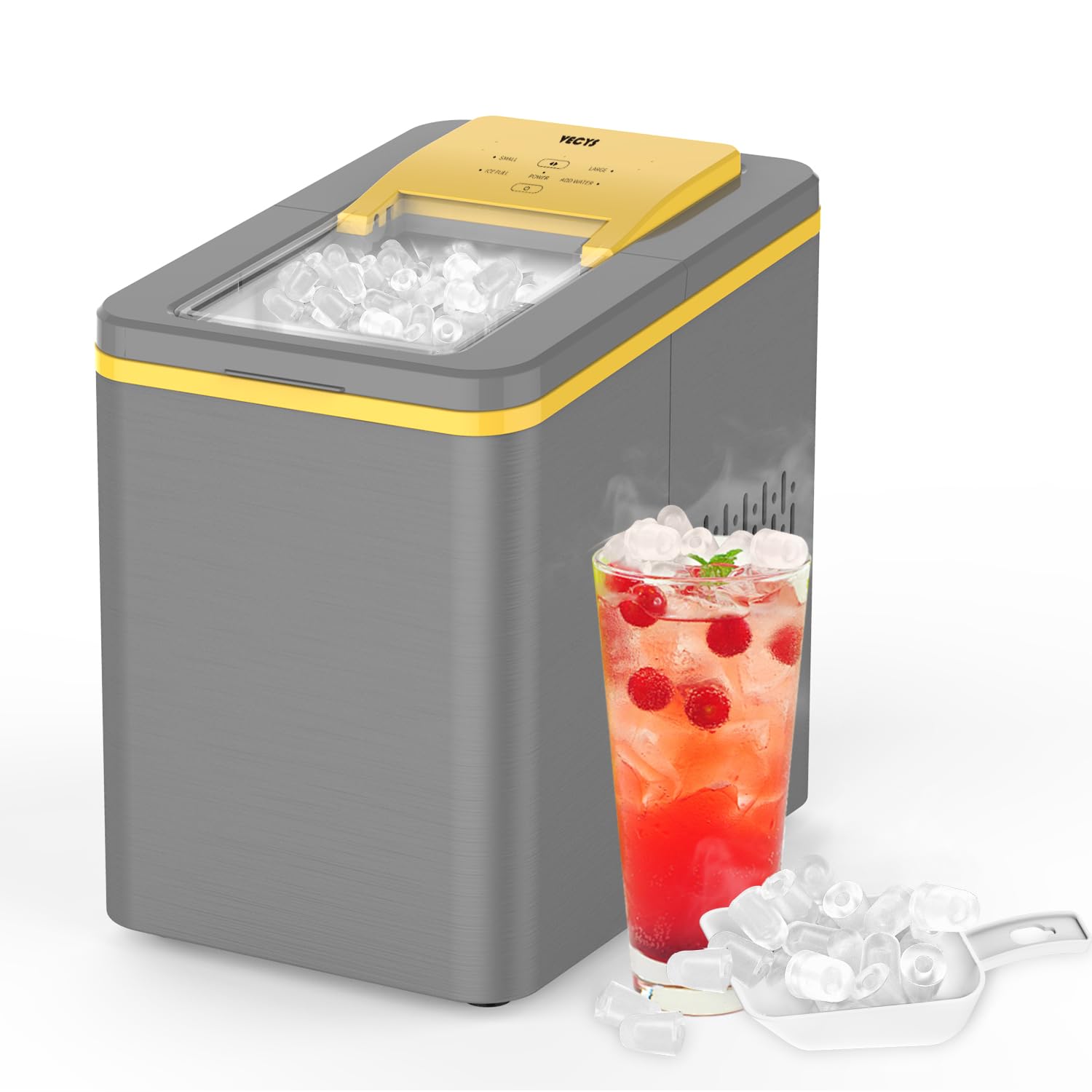 VECYS Portable Countertop Ice Maker Machine - 9 Bullet Ice Cubes in 8 Minutes, 26LBS Daily Output, 1.8L Self-Cleaning with Ice Scoop & Basket - Perfect for Home, Office, RV, Camping & Parties (Grey & Yellow)
