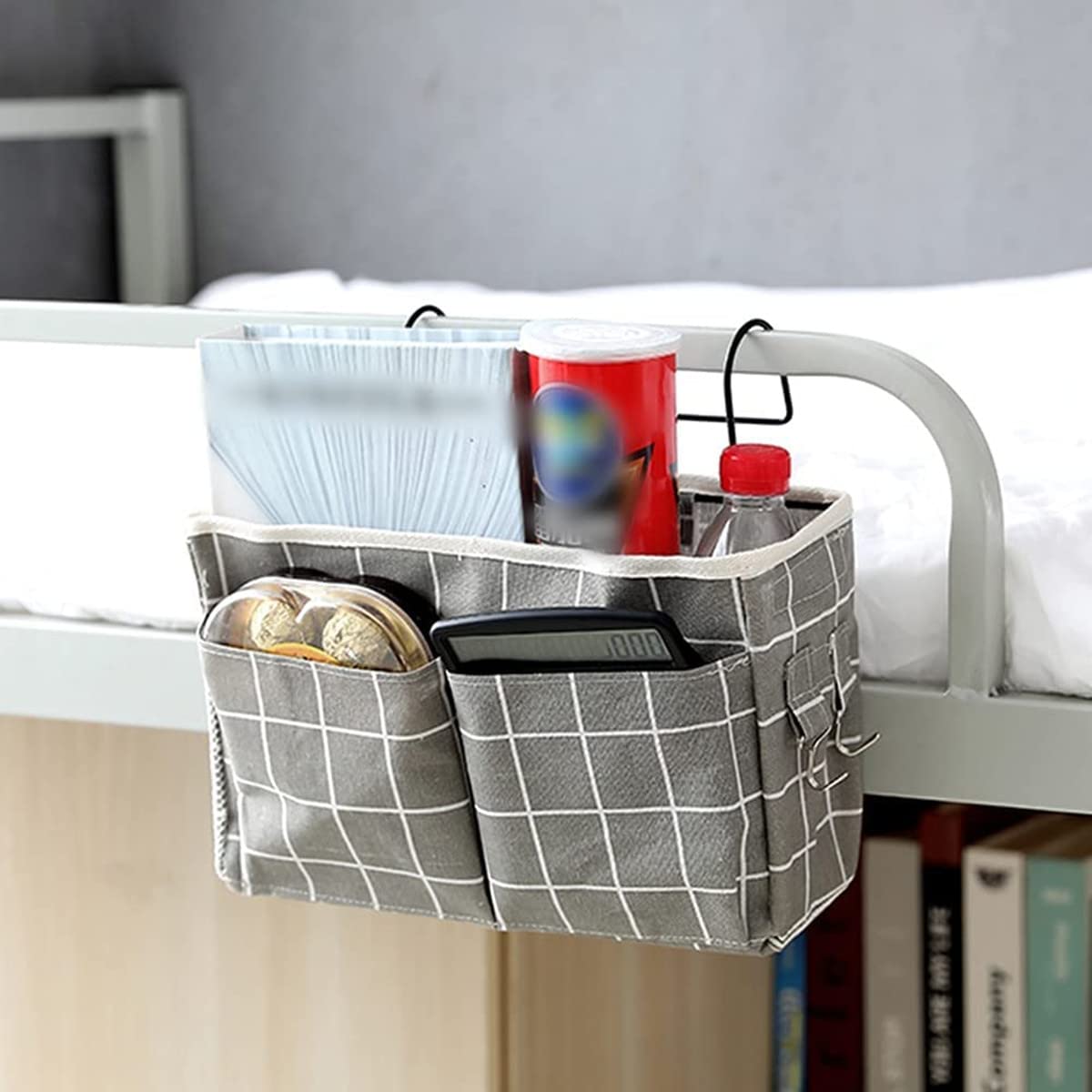 Bedside Storage Pocket Organizer - Hanging Storage Basket with Hook for Bed, Dorm, Office & School - Grey Grid - Perfect for Books, Phones & Essentials