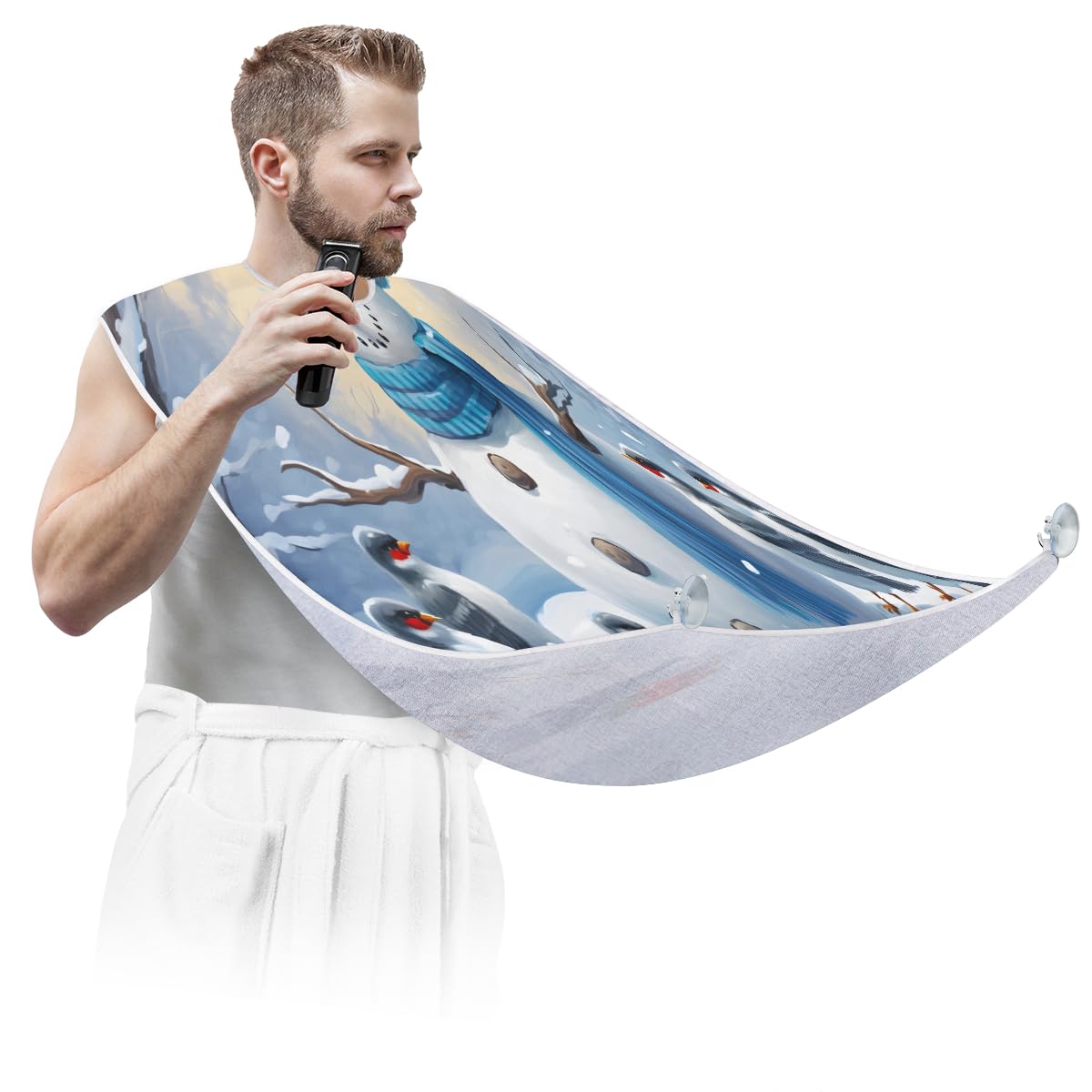 Men's Waterproof Shaving Bib & Hair Dye Apron - Snowman Print Artist Cape for Beard Trimming, Haircut & Makeup - Sink Protector for Barbershops & Home Grooming - Perfect Gift for Men & Women