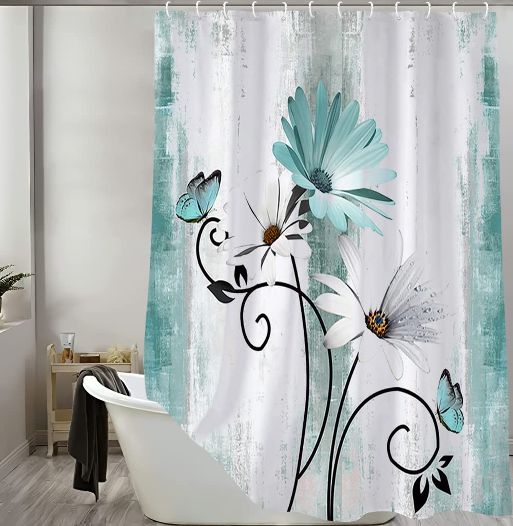 Rustic Farmhouse Shower Curtain - Teal Daisy Floral with Butterfly Design, Country Wooden Pattern Bathroom Decor, 36x70 Inches Turquoise Blue Shower Curtain Set Includes 6 Hooks - Perfect for Vintage, Boho, and Country Style Bathrooms