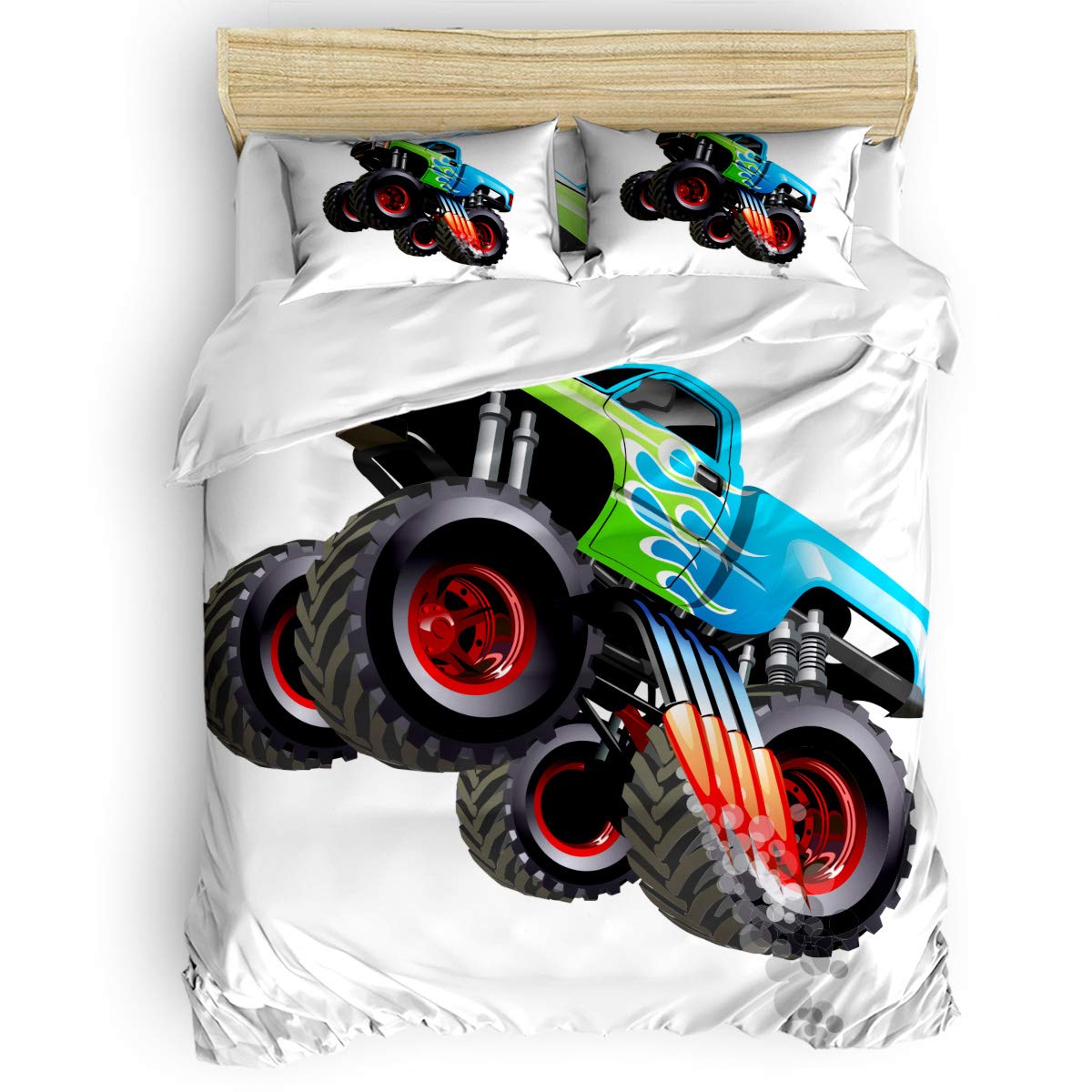 4-Piece Full Size Monster Truck Printed Duvet Cover Set - Soft Bedding Includes Duvet Cover, Flat Sheet & Pillowcases for Kids, Teens & Adults - Perfect for Boys' Bedrooms, Themed Rooms & Gift Giving
