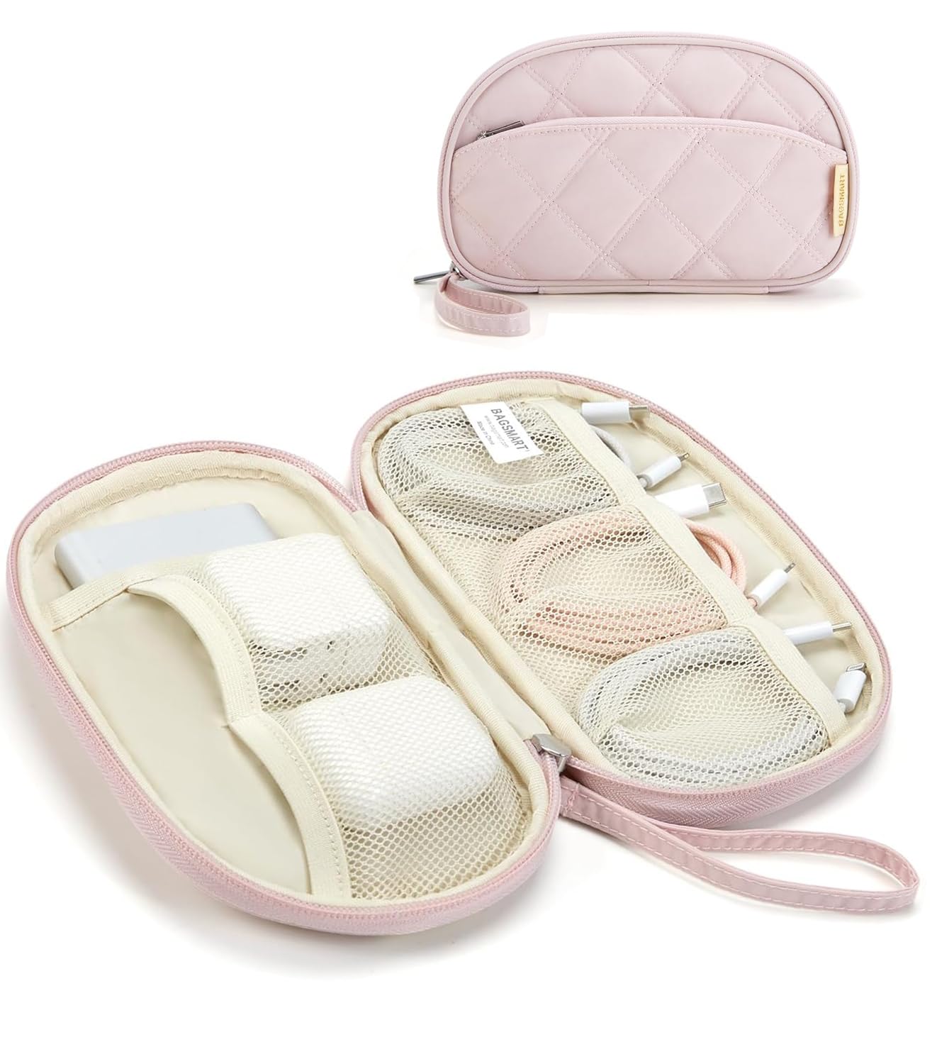 BAGSMART Travel Electronics Organizer - Puffer Cable Organizer Bag for Charger, Phone, Flash Drive (Pink) | Compact Tech Storage Case for Women | Perfect for Business Trips, Vacations & Daily Commute