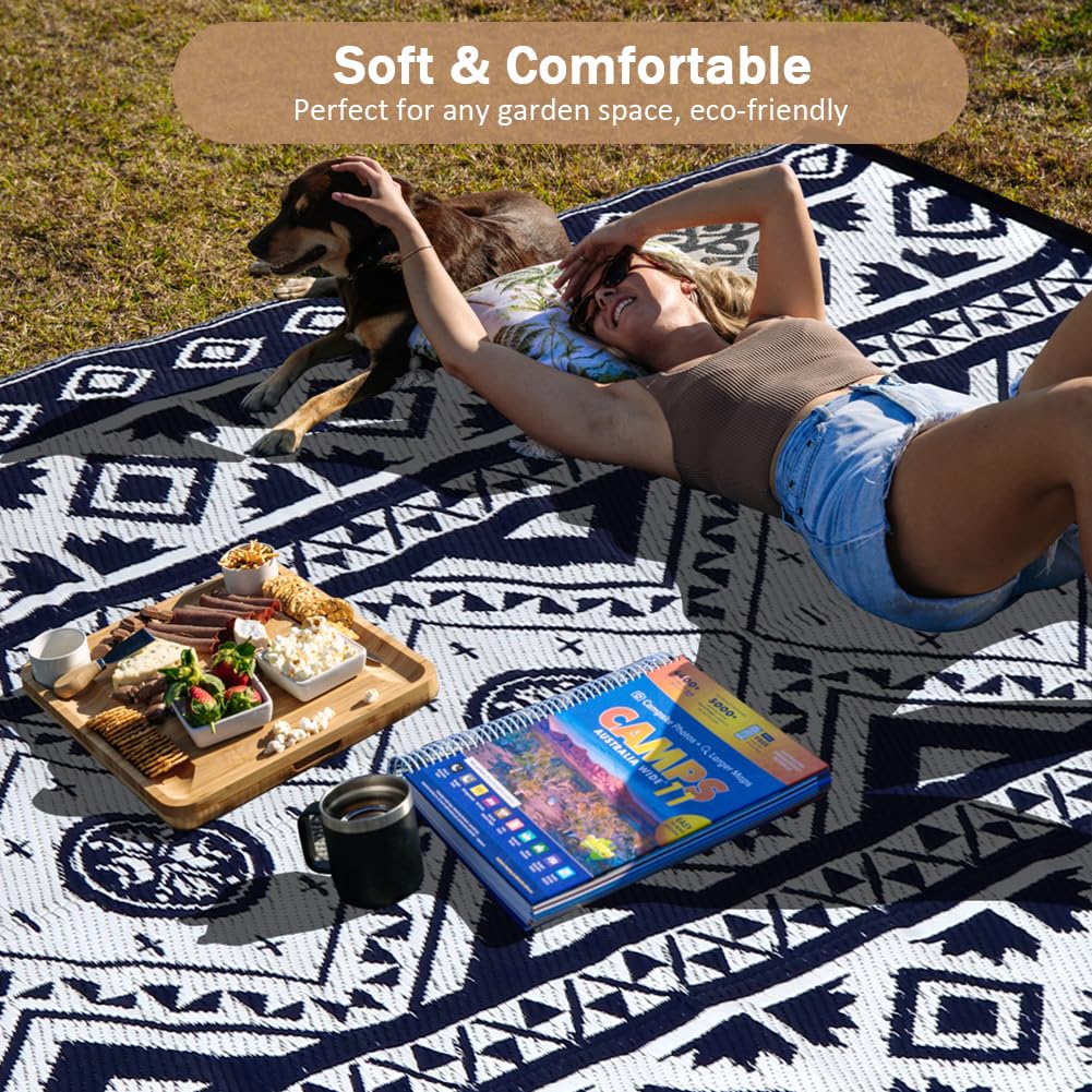 5'x8' Reversible Outdoor Rug - Waterproof Plastic Straw Mat for Patio, Deck, RV, Camping & Beach | Indoor/Outdoor Use | Blue & White Design | Perfect for Picnics, Trailers & Outdoor Gatherings