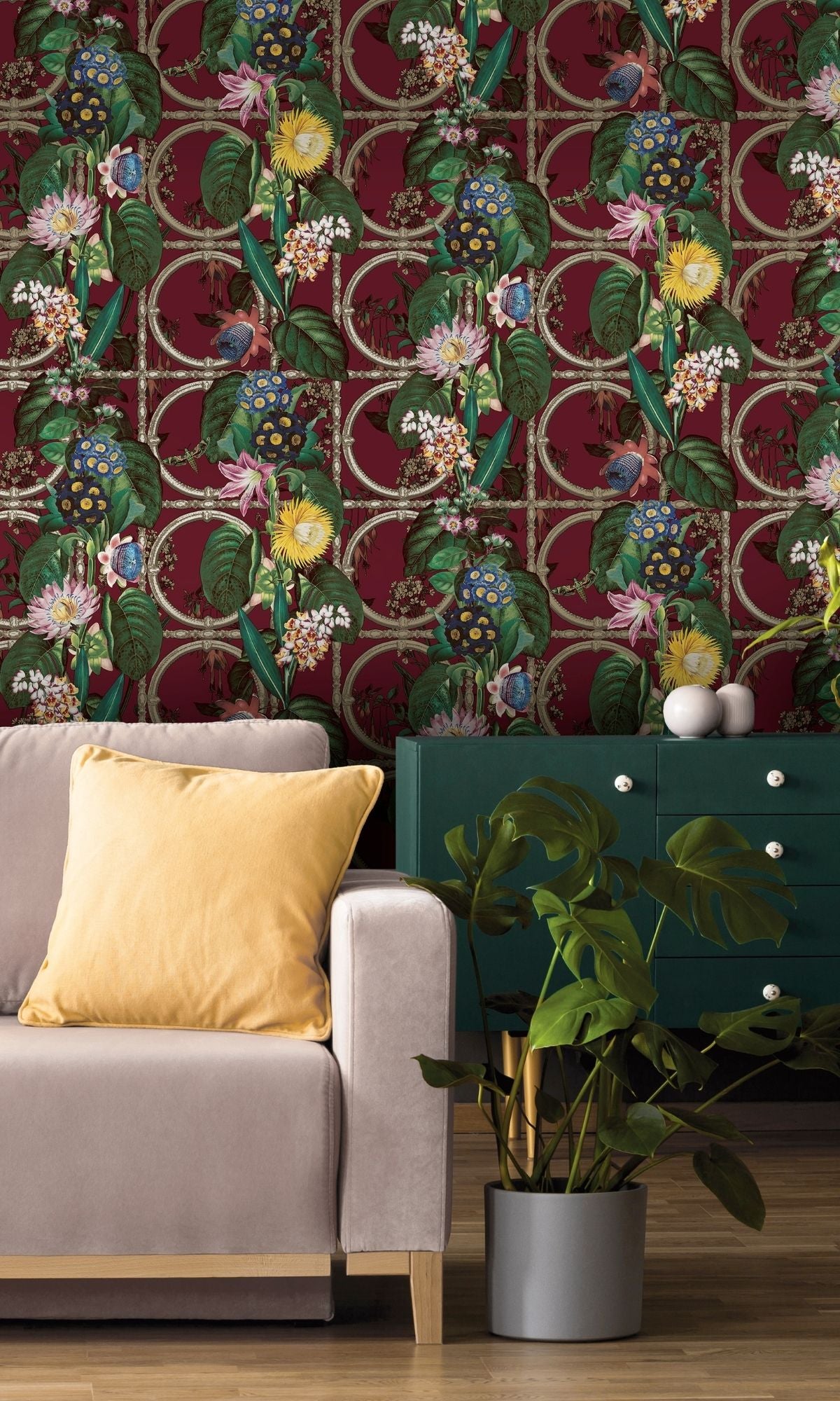 Burgundy Metallic Floral Wallpaper with Bold Flowers and Leaves Design - R7578 | Perfect for Living Room, Bedroom & Home Decor