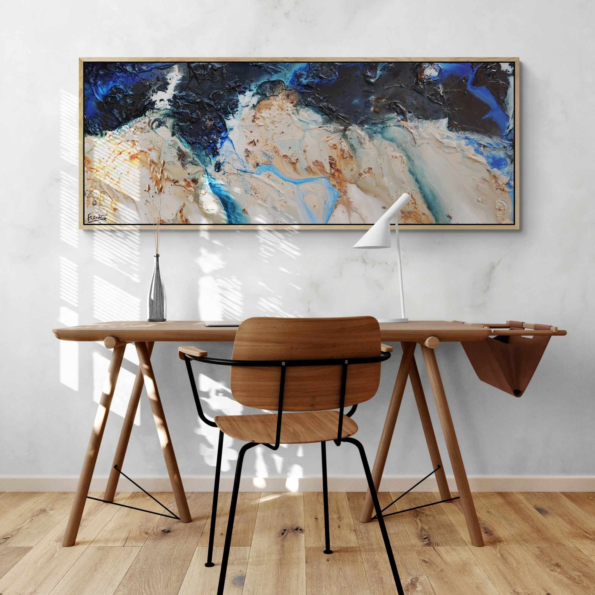 Midnight Hour 160cm x 60cm Blue Cream Textured Abstract Canvas Painting - Modern Wall Art for Living Room, Bedroom & Office Decor