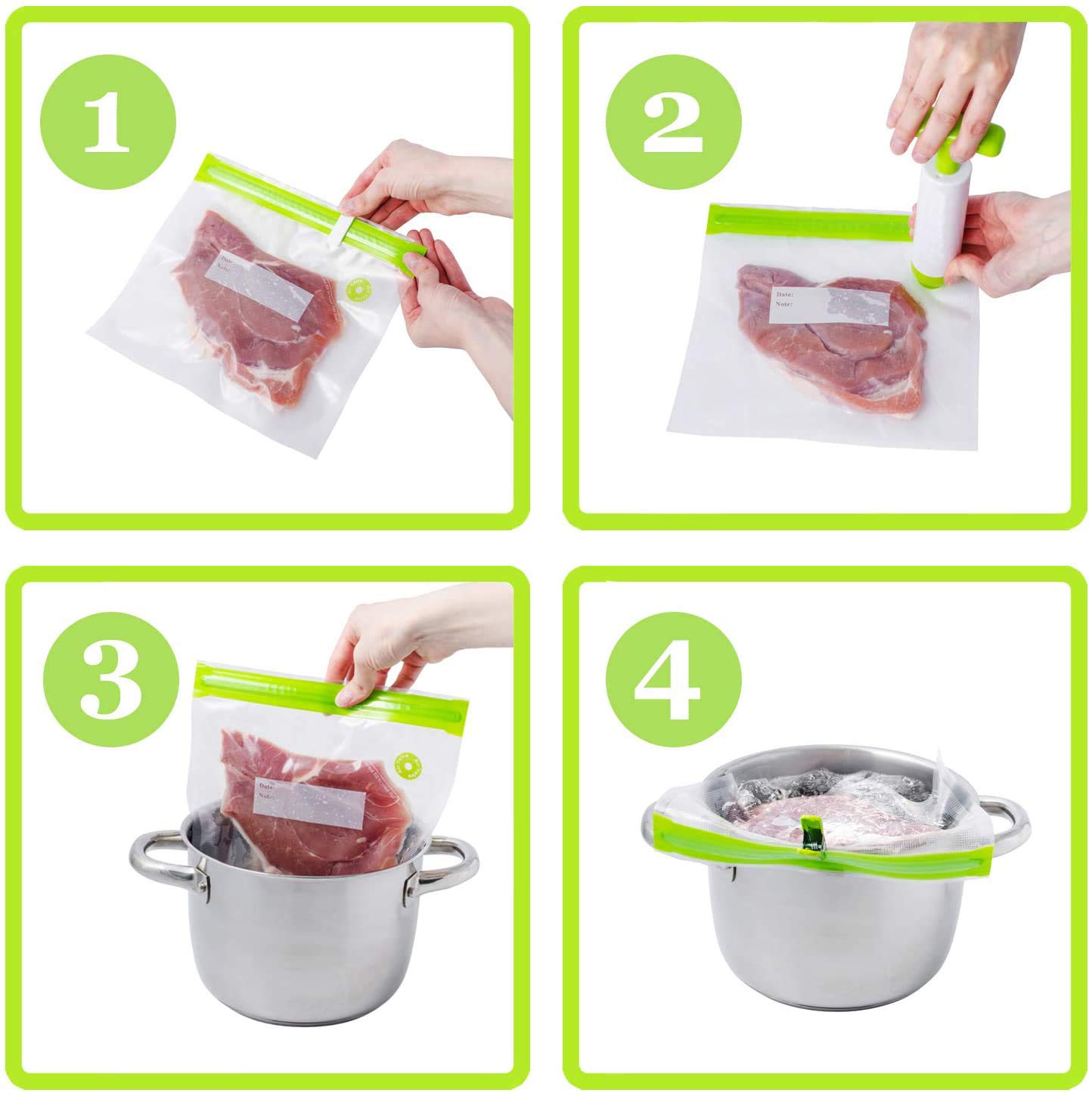 Crosfen 37-Piece Sous Vide Bags Kit - 30 Reusable Vacuum Sealer Bags with Hand Pump (3 Sizes) + 4 Sous Vide Clips & 2 Sealing Clips - Perfect for Food Storage, Meal Prep & Sous Vide Cooking at Home